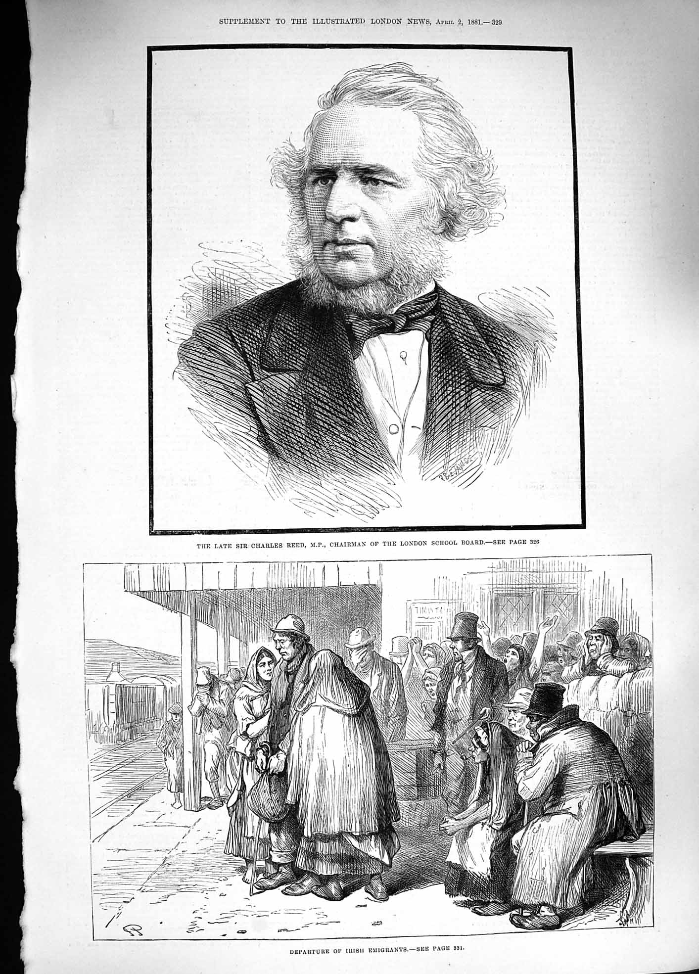 Old Antique Print 1881 Charles Reed London School Board Irish Emigrants 19th