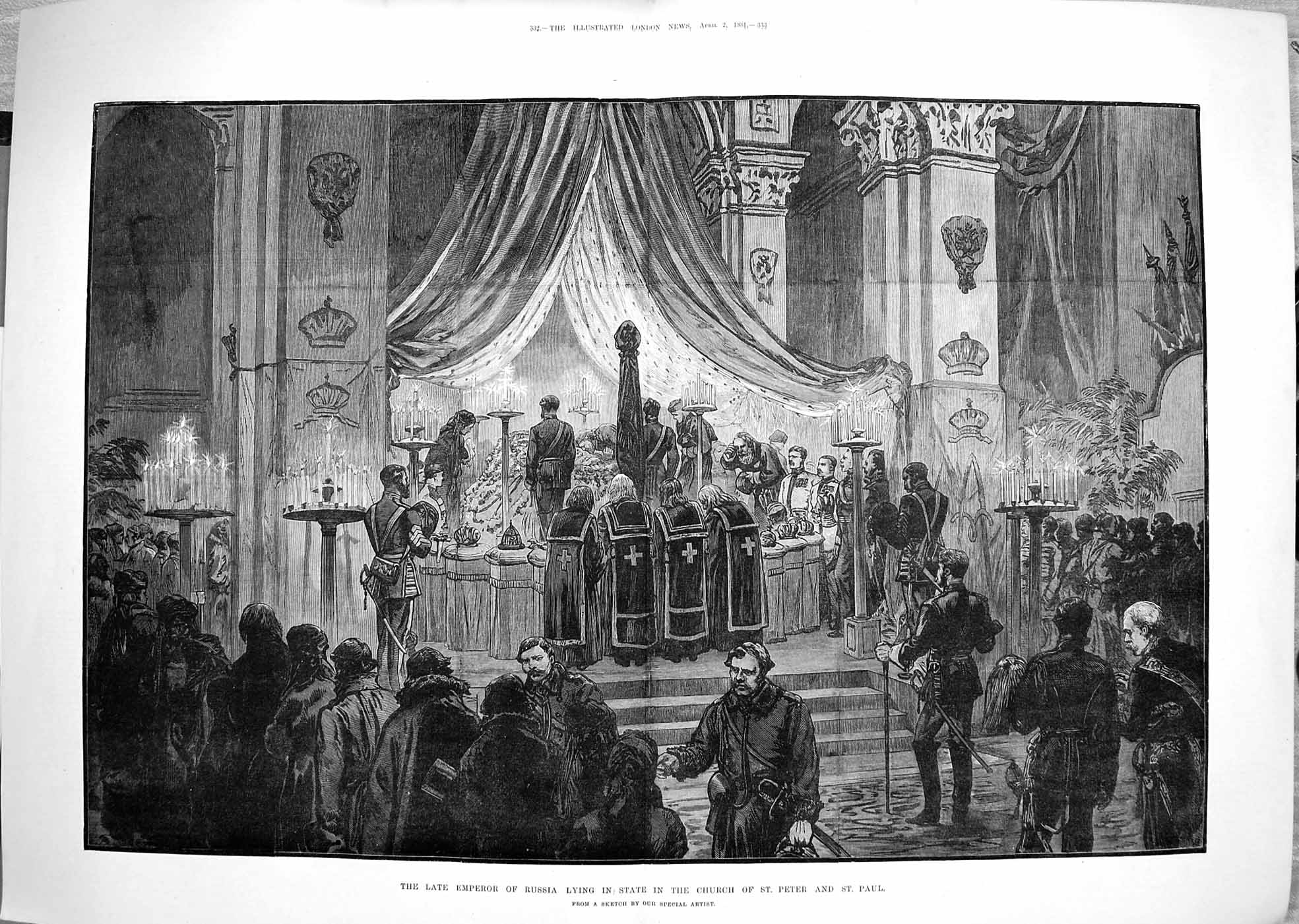 Old Antique Print 1881 Emperor Russia Lying State Church St. Peter Paul 19th
