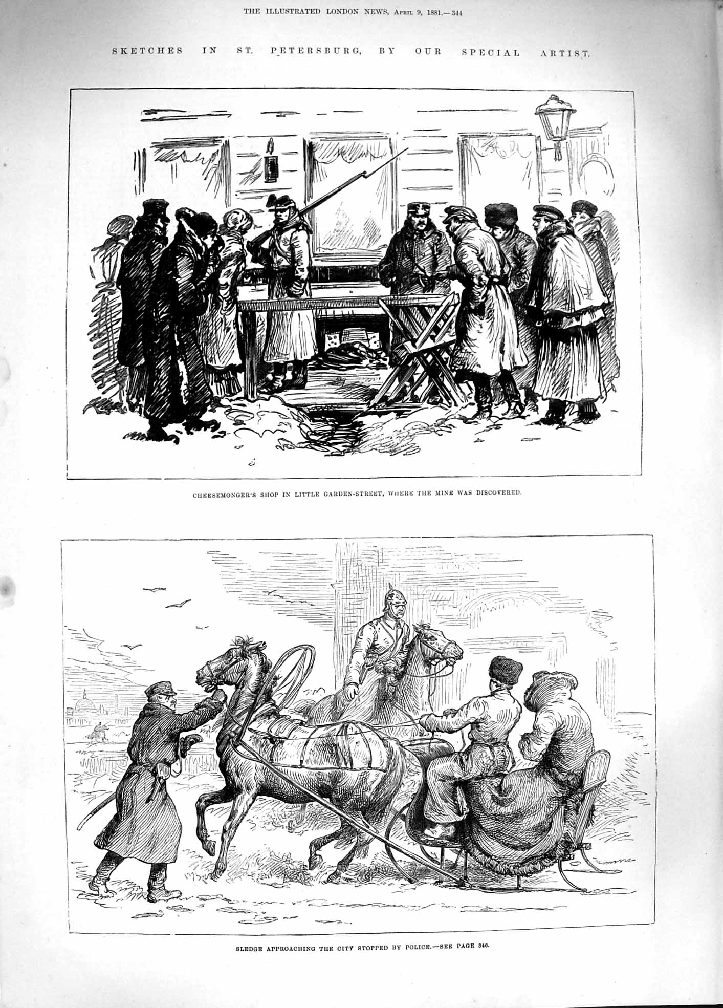 Old Antique Print 1881 Petersburg Cheesemonger Shop Sledge Police Cossack 19th