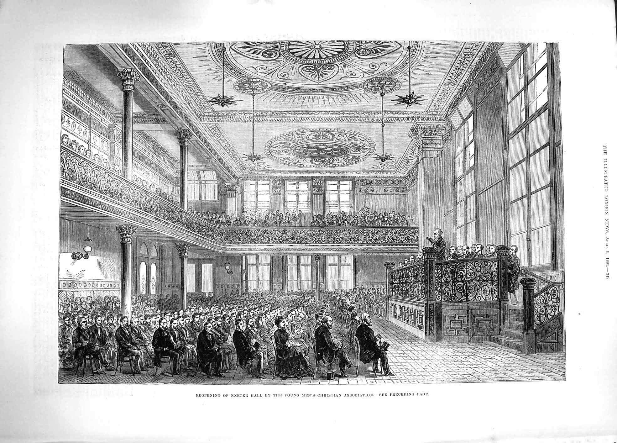 Old Antique Print 1881 Reopening Exeter Hall Christian Men'S Association 19th