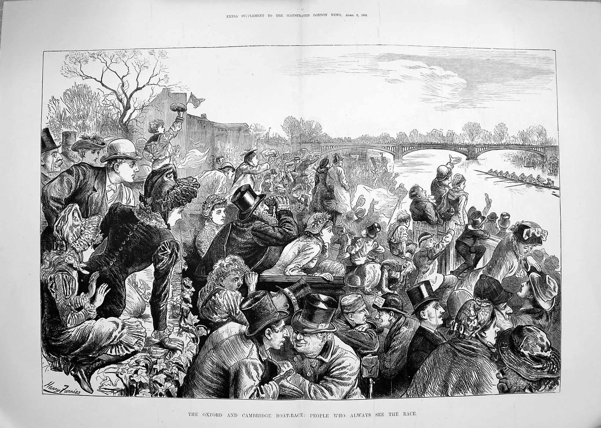 Original Old Antique Print 1881 Oxford Cambridge Boat Race River Thames Sport