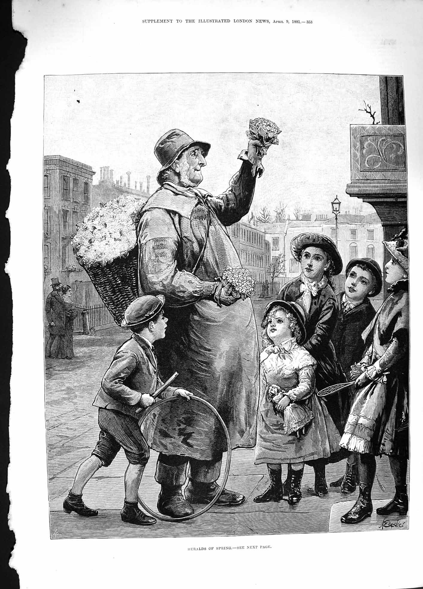 Old Antique Print 1881 Heralds Spring Street Flower Seller Man Children 19th
