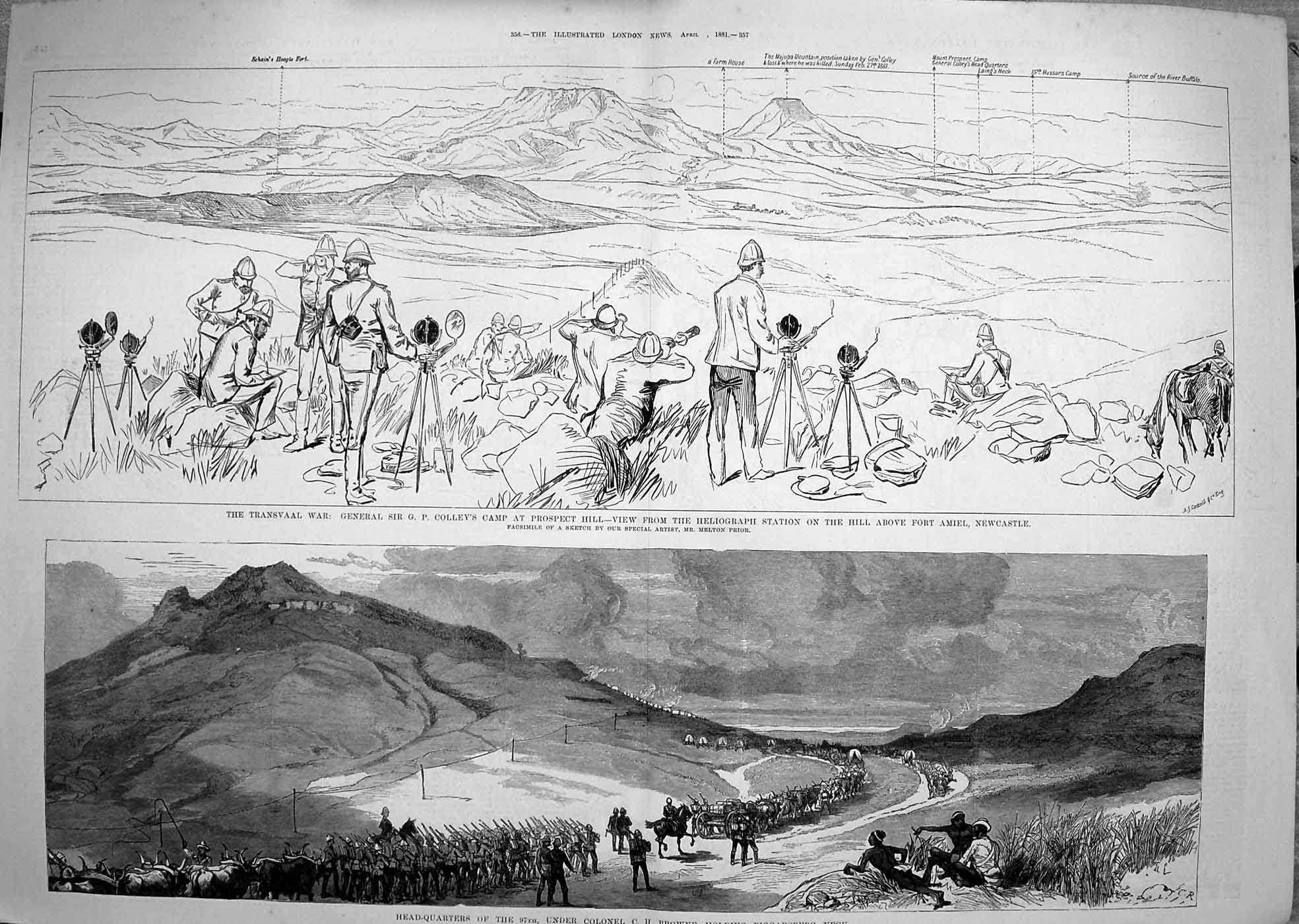Old Antique Print 1881 Transvaal War Colley Prospect Fort Amiel Browne 19th