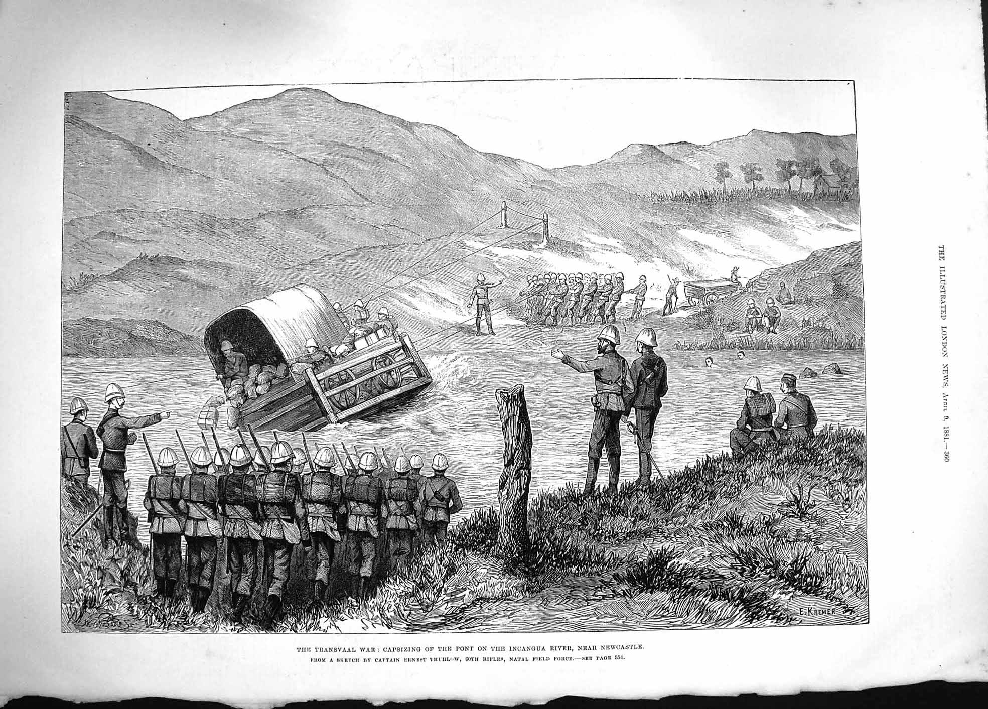 Old Antique Print 1881 Transvaal War Capsizing Pont Incangua River Army 19th