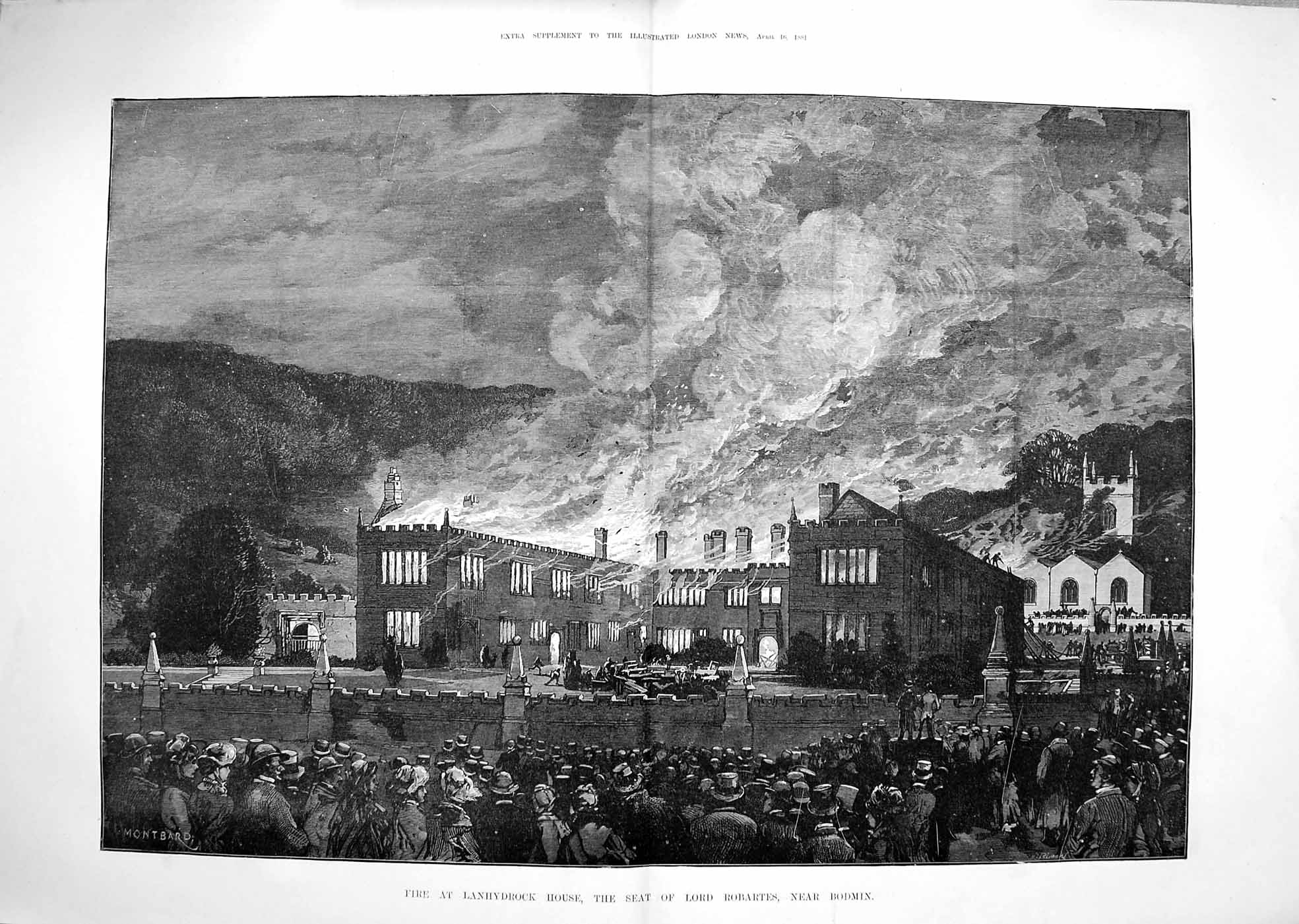 Original Old Antique Print 1881 Fire Lanhydrock Houe Seat Lord Robartes Bodmin