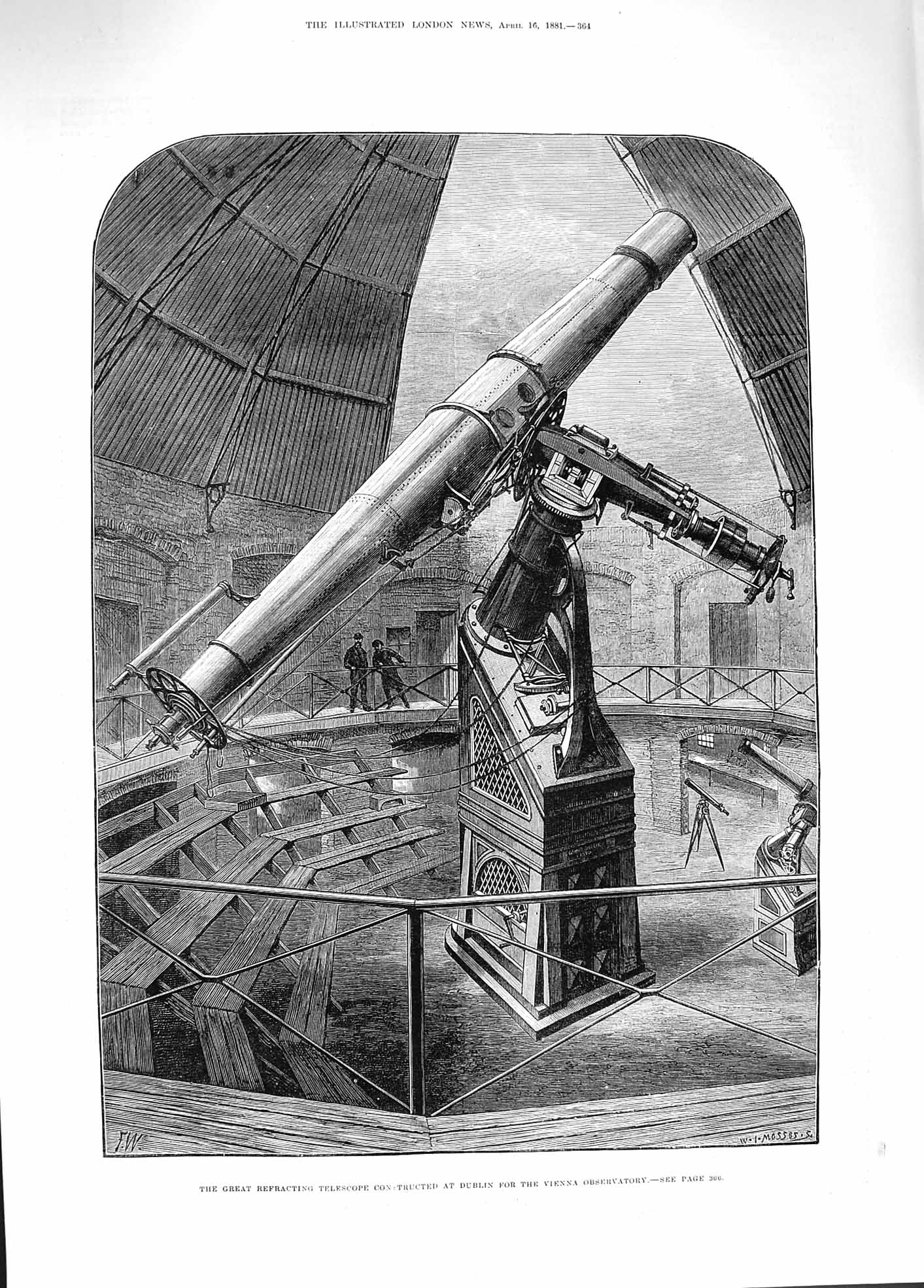 Original Old Antique Print 1881 Refracting Telescope Dublin Vienna Obse 19th