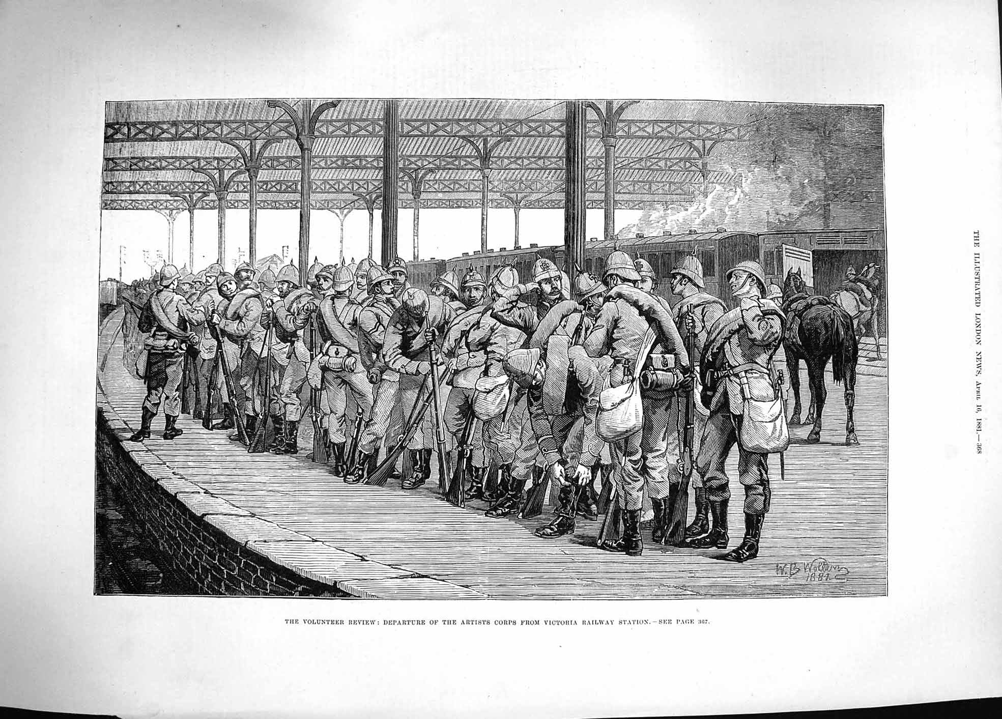 Original Old Antique Print 1881 Volunteer Siers War Victoria Railway Station