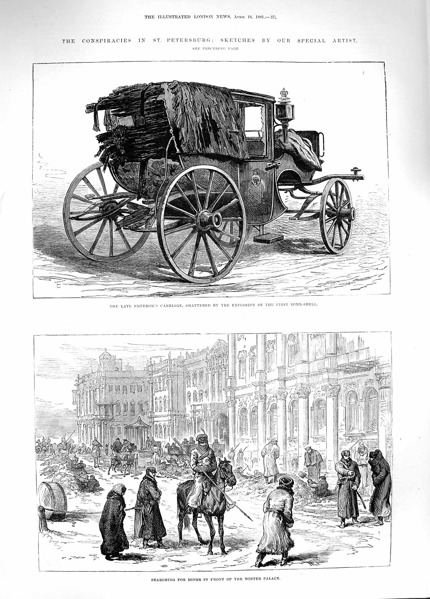 Original Old Antique Print 1881 Petersburg Emperor Carriage Mines Winter Palace