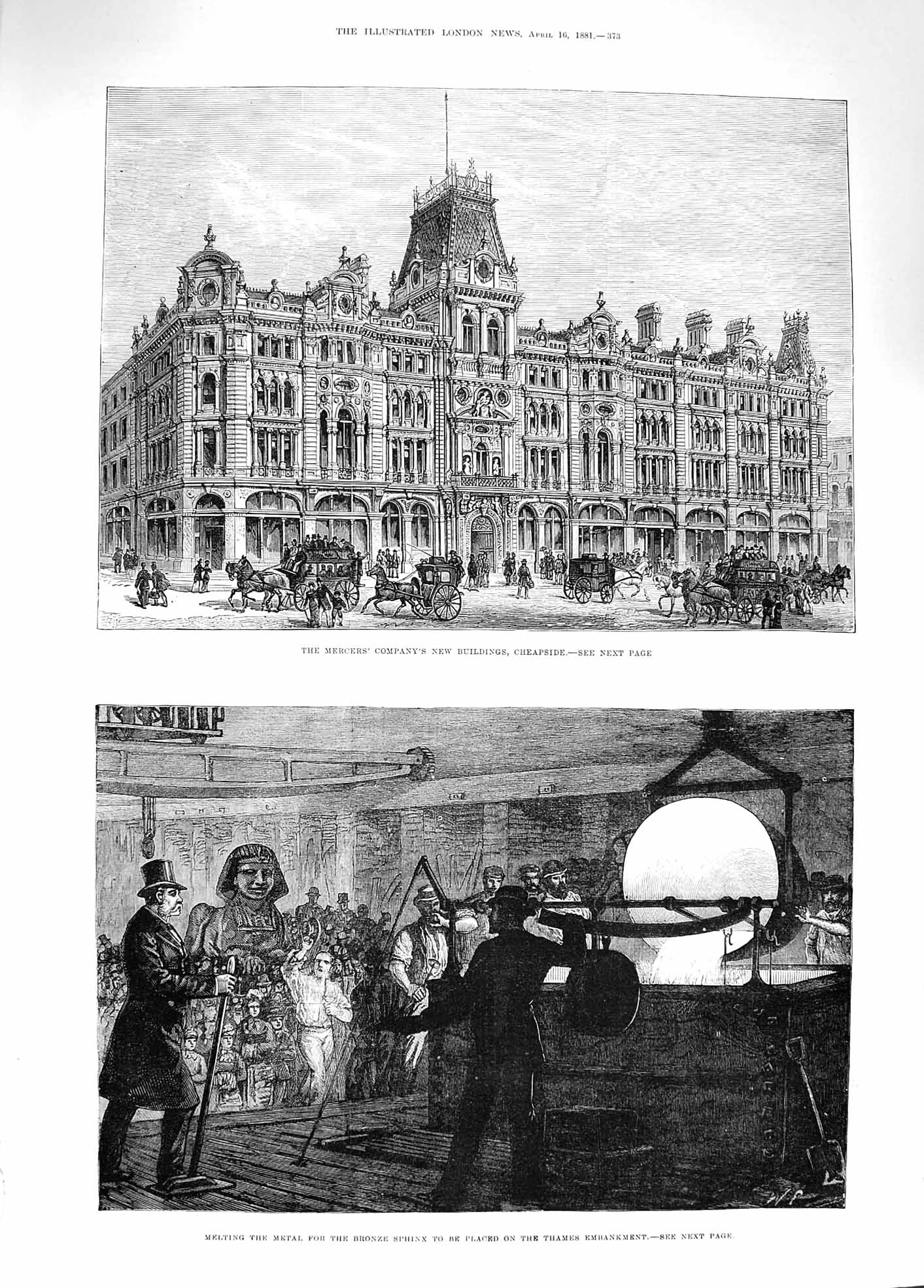 Old Antique Print 1881 Mercers Buildings Cheapside Melting Metal Sphinx 19th