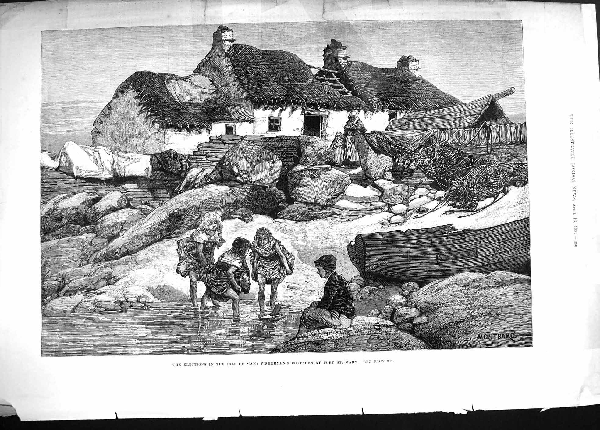 Old Antique Print Damaged 1881 Elections Isle Man Fisherman Port St. Mary 19th