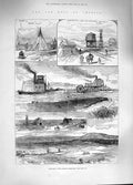Original Old Antique Print 1881 America Camp Indians River Steamer Dakotah Farm