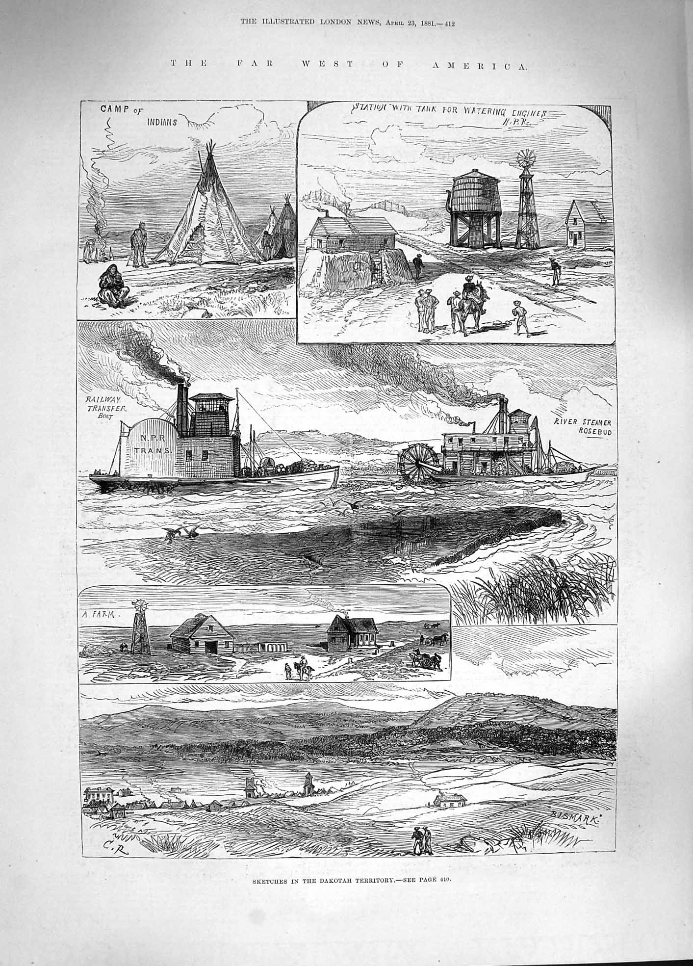 Original Old Antique Print 1881 America Camp Indians River Steamer Dakotah Farm