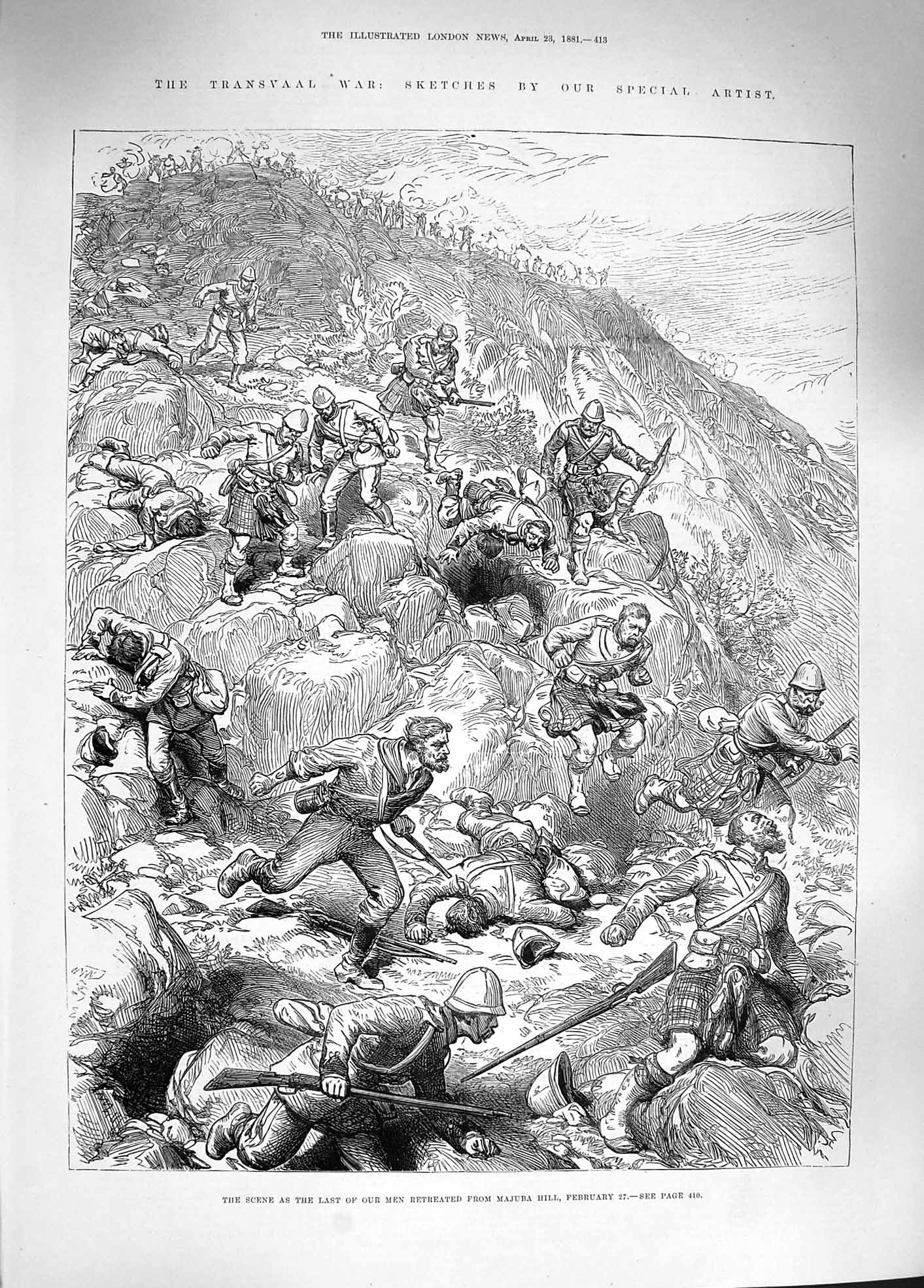 Original Old Antique Print 1881 Transvaal War Siers Battle Majuba Hill Army