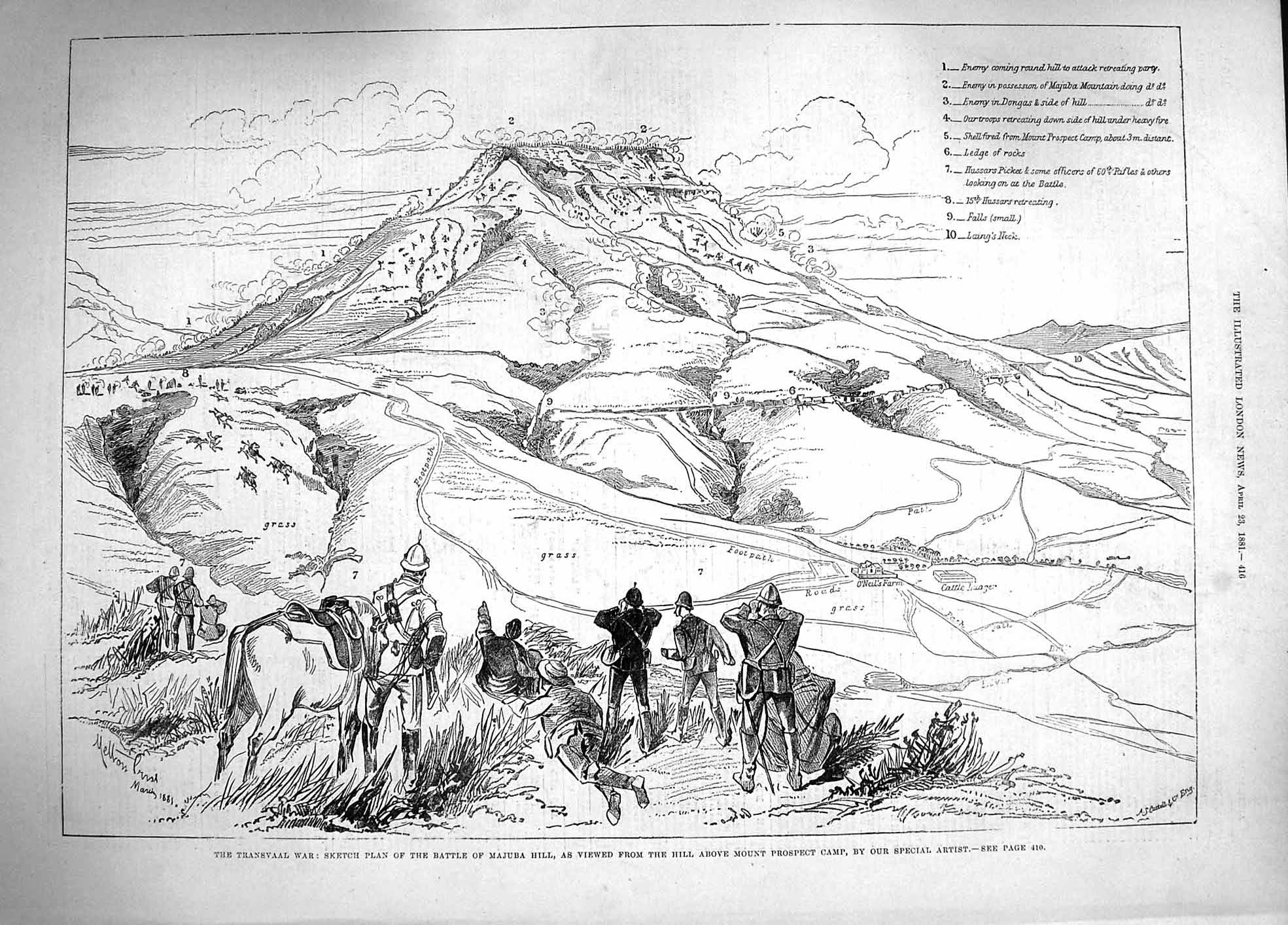 Original Old Antique Print 1881 Transvaal War Battle Majuba Hill Prospect Camp