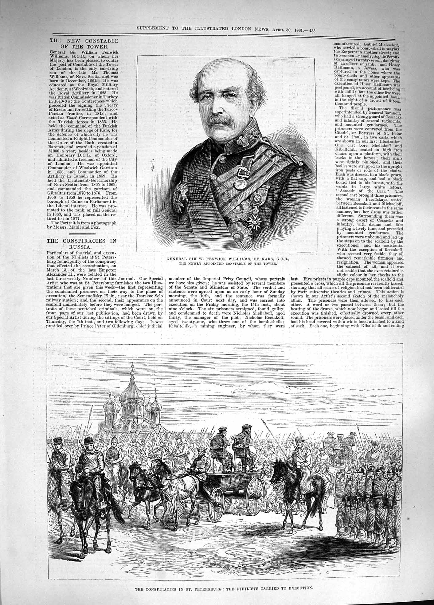 Original Old Antique Print 1881 General Williams Petersburg Nihilists Execution