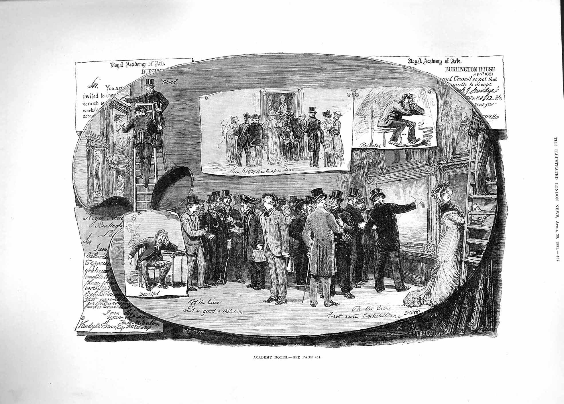 Original Old Antique Print 1881 Art Royal Academy Notes Sale Burlington House
