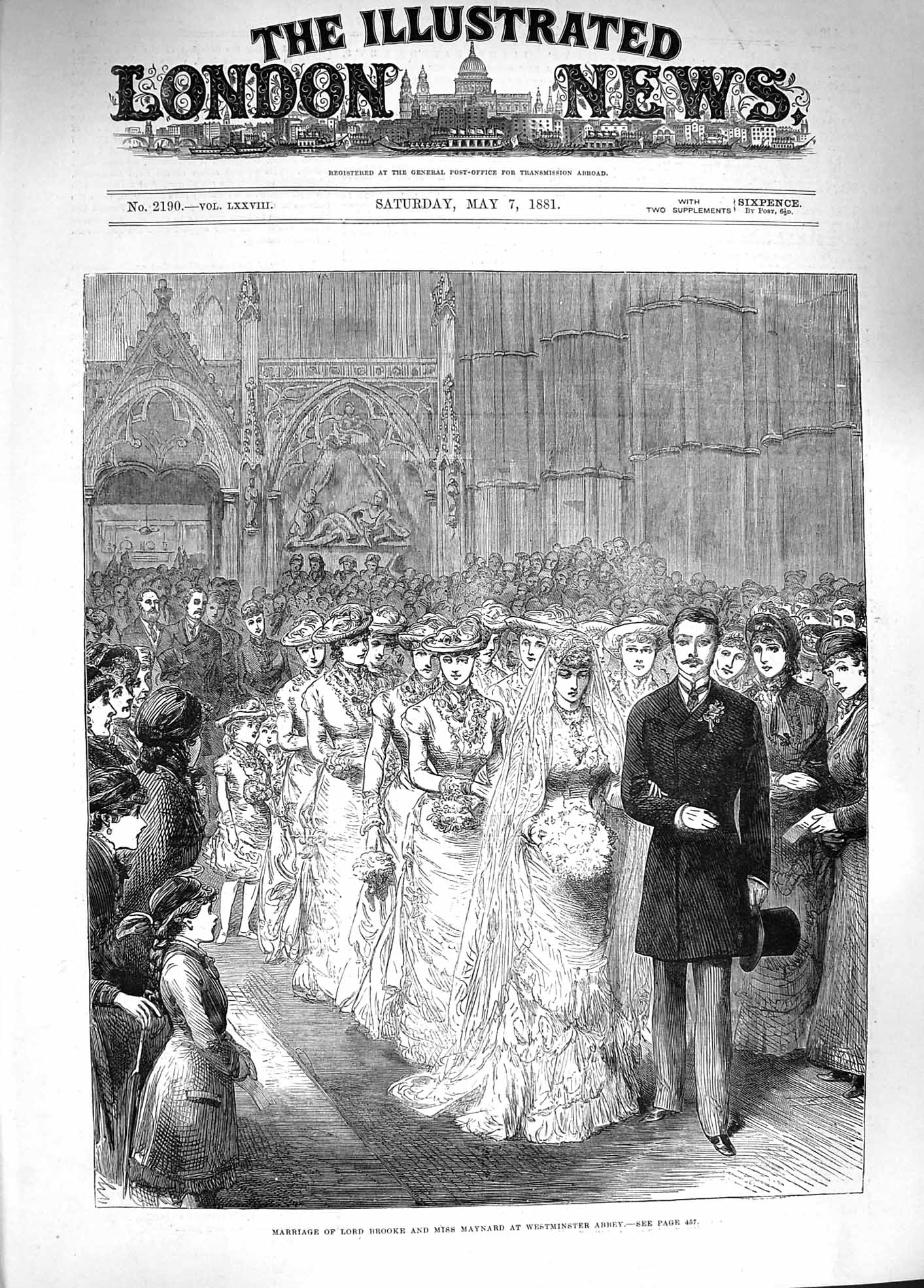 Original Old Antique Print 1881 Wedding Lord Brooke Maynard Westminster Abbey