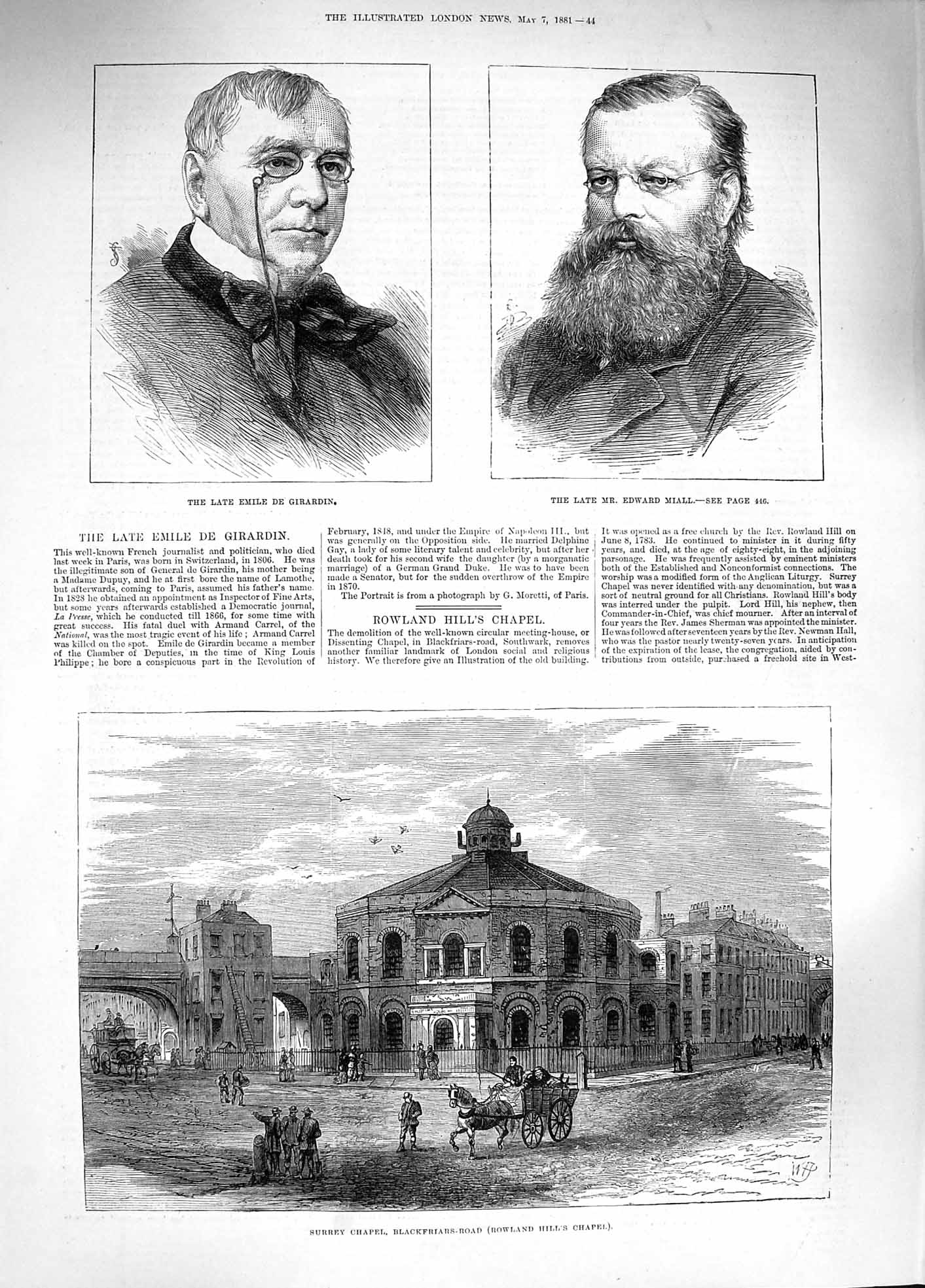 Original Old Antique Print 1881 Surrey Chapel Blackfriars Emile Girardin Miall