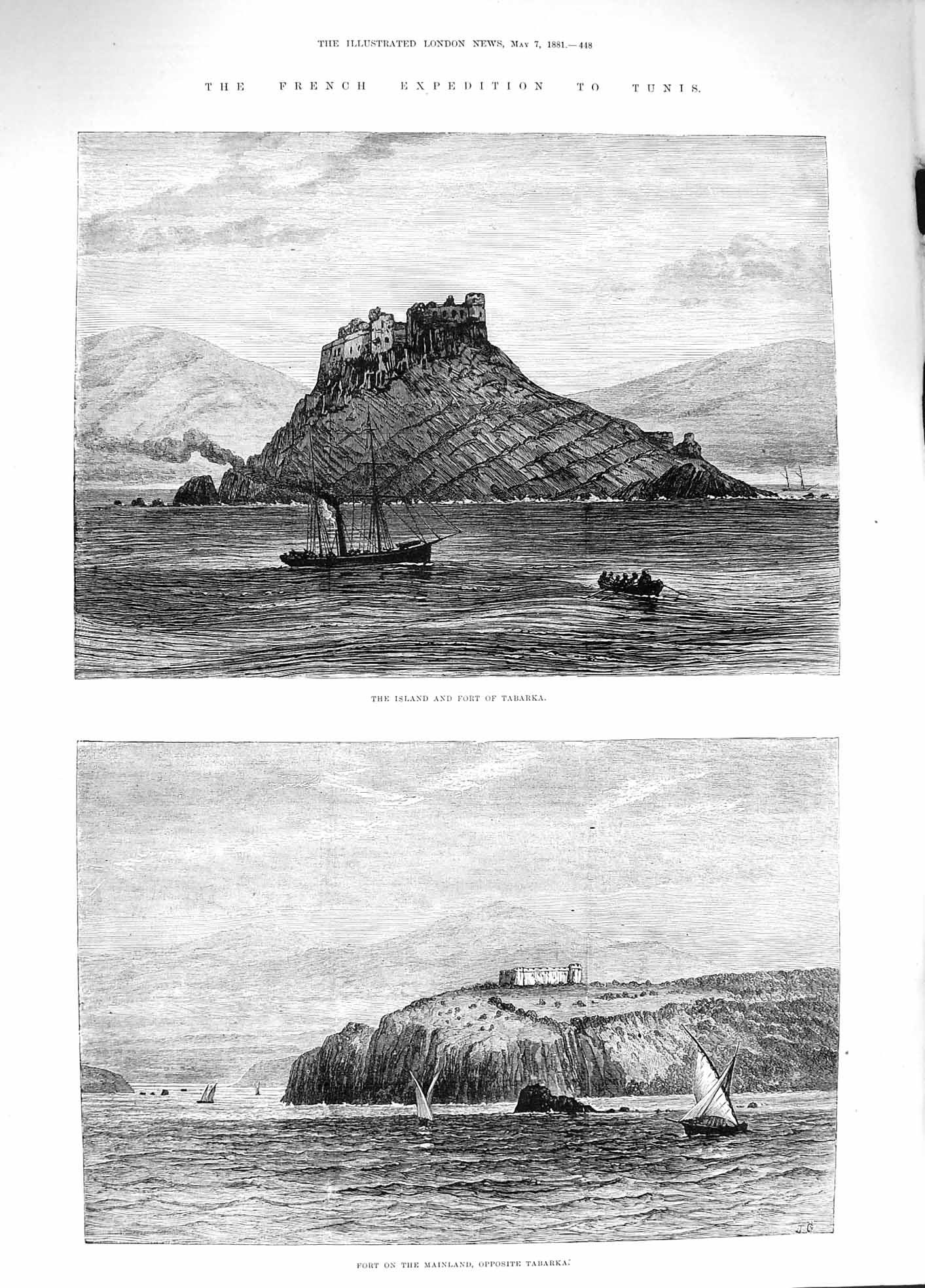 Old Antique Print 1881 Island Fort Tabarka French Expedition Tunis Africa 19th