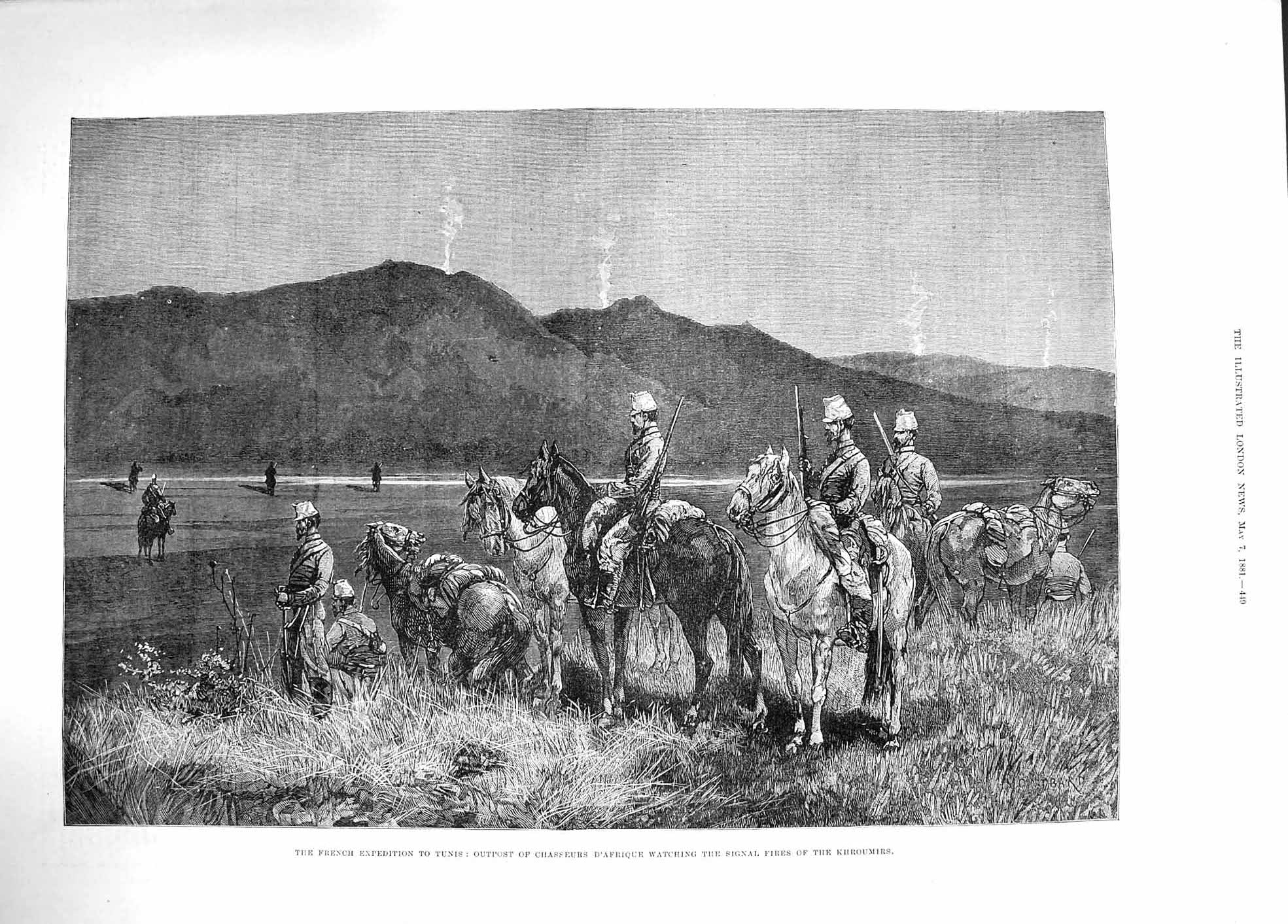 Old Antique Print 1881 Outpost Cahsseurs D'Afrique Signal Fires Khroumirs 19th