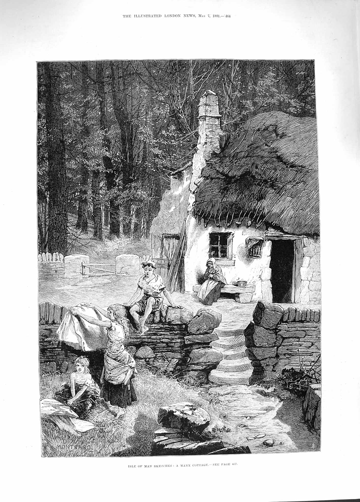 Original Old Antique Print 1881 Isle Man Manx Cottage Family Home Montbard 19th
