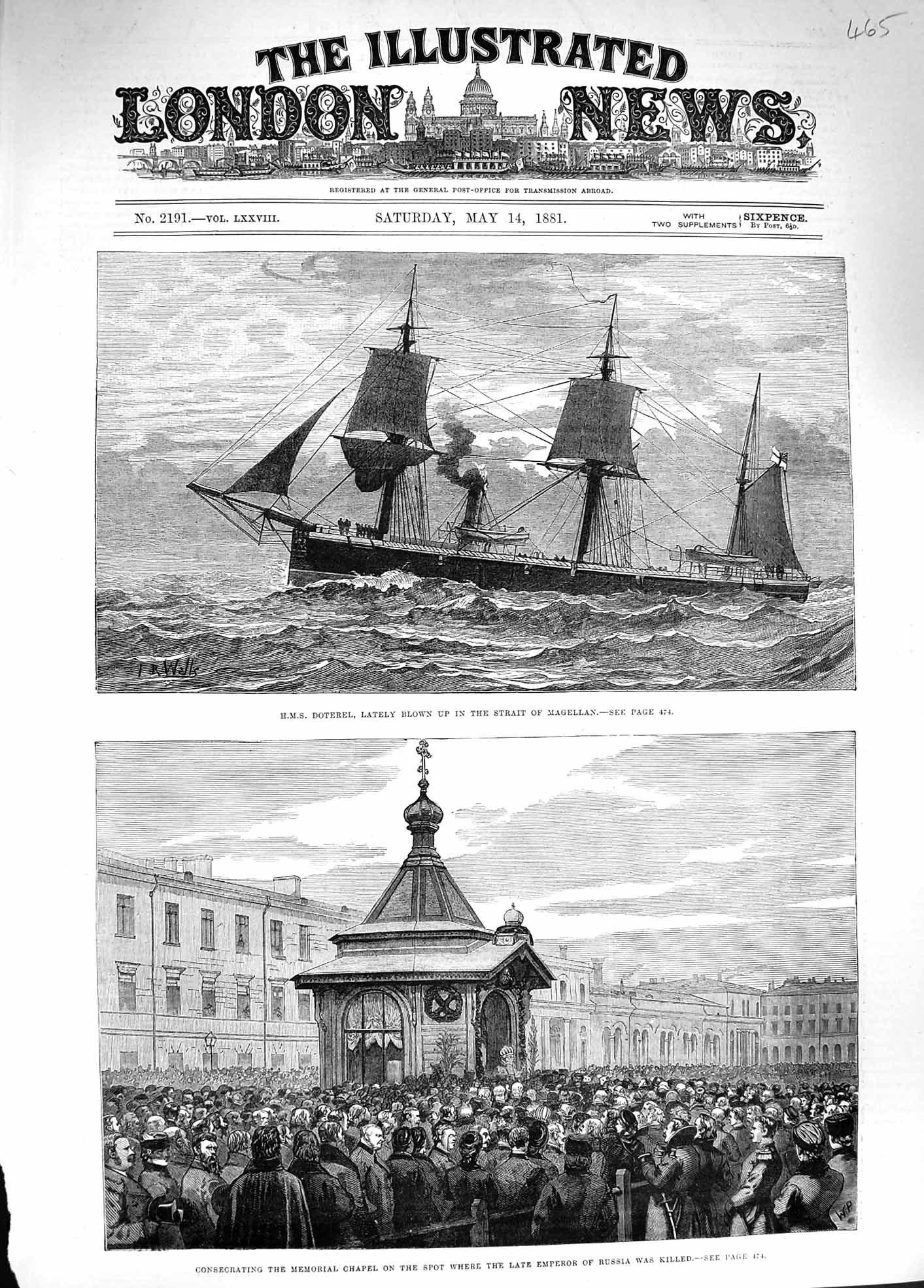 Original Old Antique Print 1881 Ship Doterel Strait Magellan Memorial Chapel