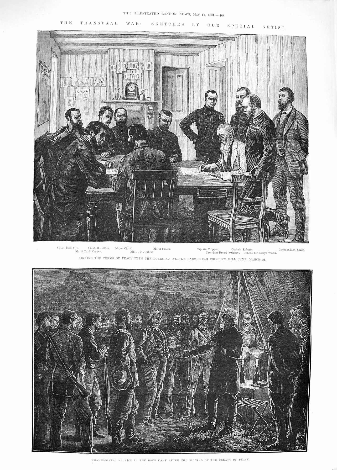 Old Antique Print 1881 Thanksgiving Service Boer Camp Treaty Peace O'Neil 19th