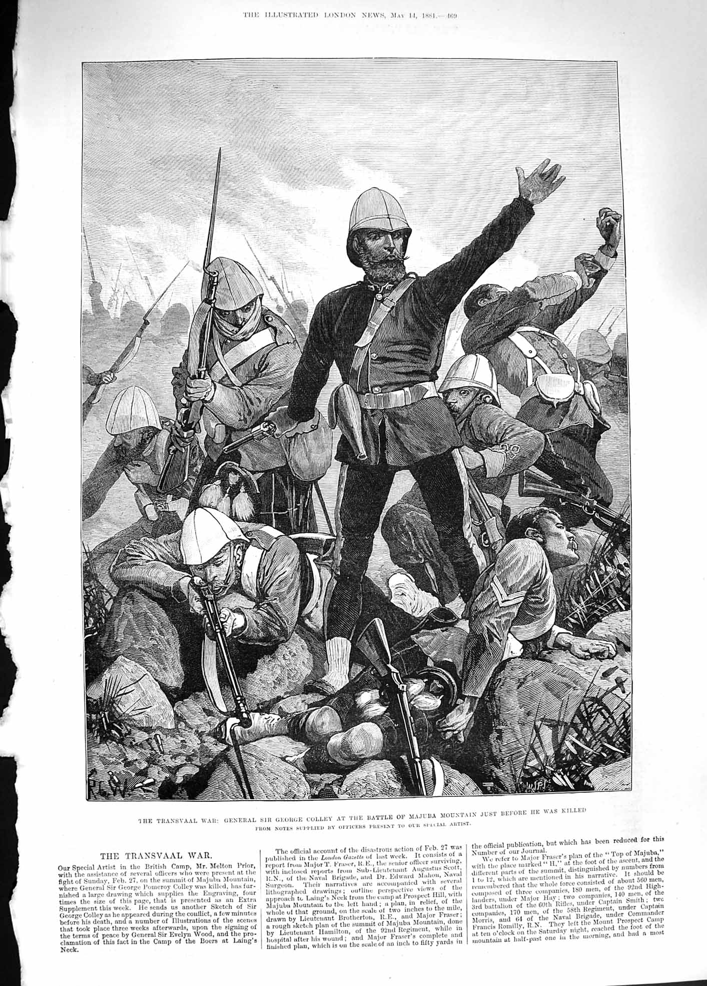 Old Antique Print 1881 Transvaal War General Colley Batle Majuba Mountain 19th