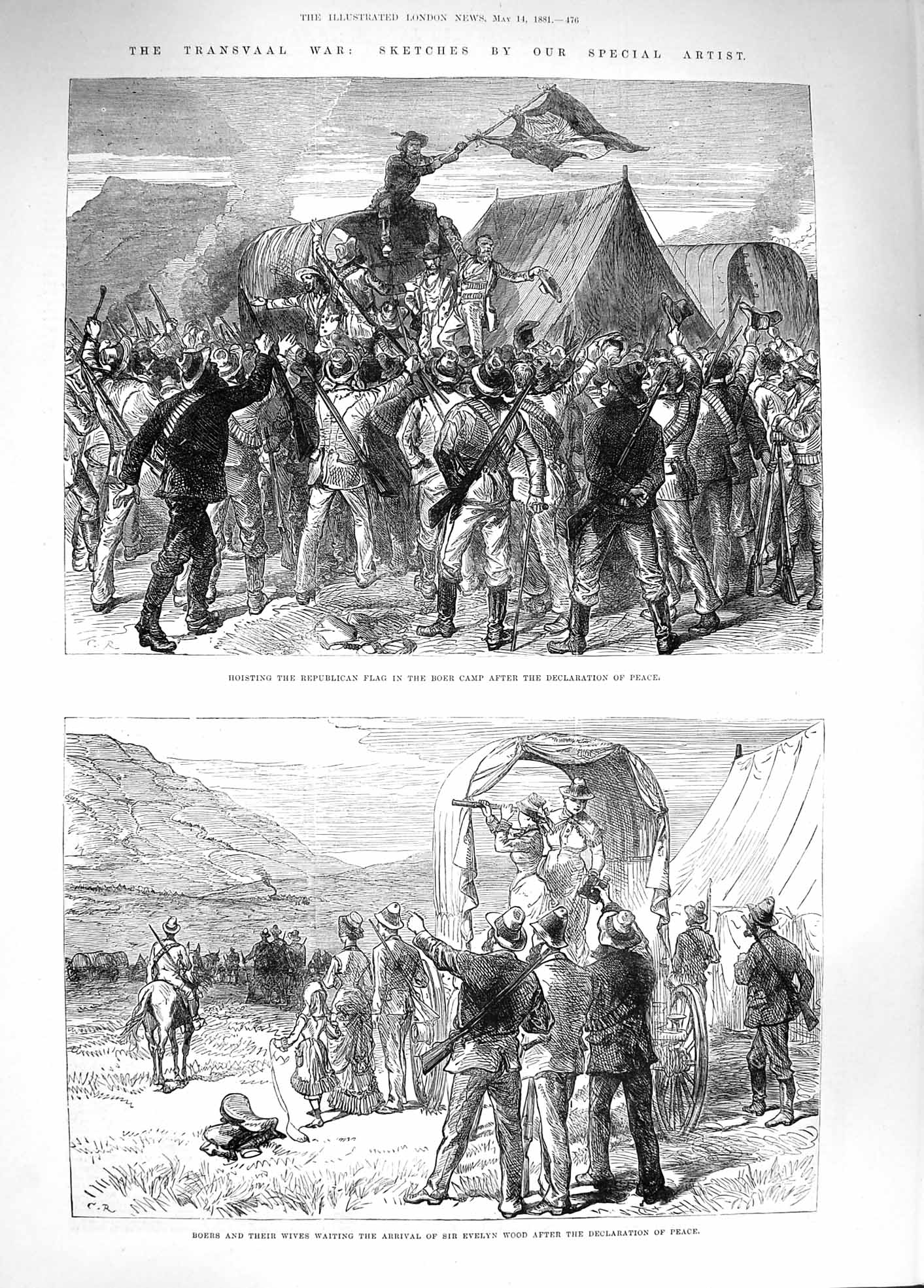Original Old Antique Print 1881 Boers Evelyn Wood Peace War Hoisting Flag Camp