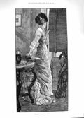 Old Antique Print 1881 Somebody'S Coming Lady Peering Out Window Blinds 19th