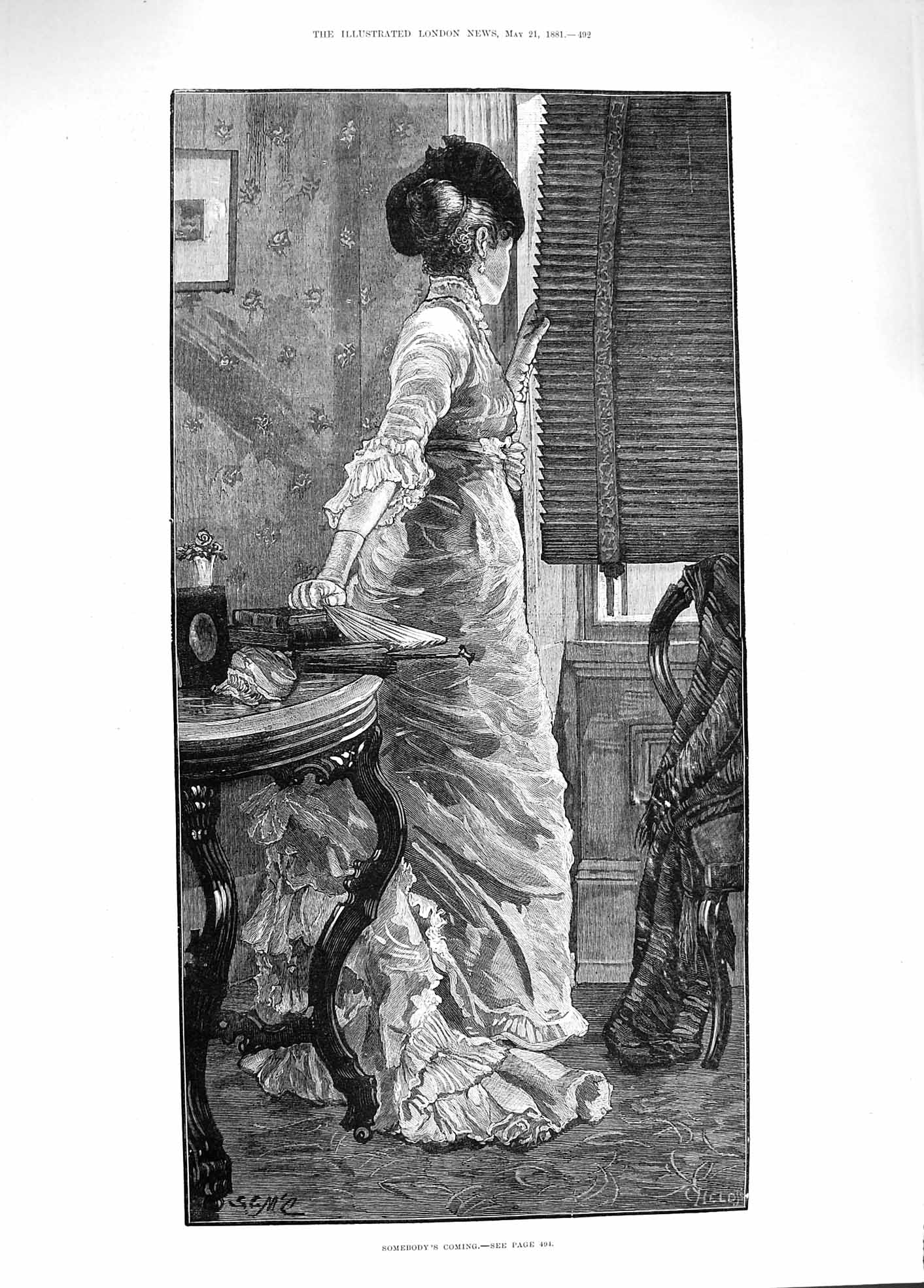 Old Antique Print 1881 Somebody'S Coming Lady Peering Out Window Blinds 19th