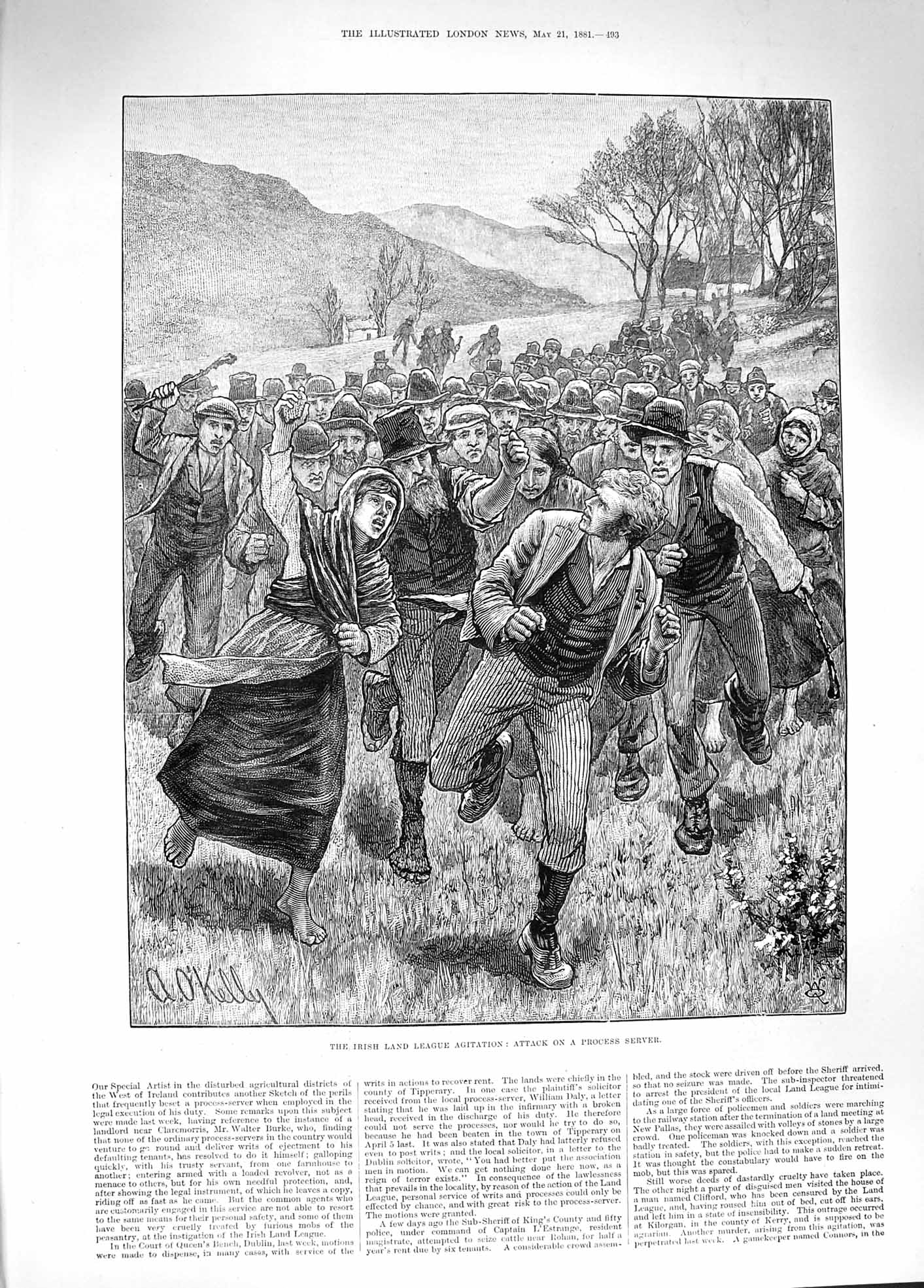 Original Old Antique Print 1881 Irish Land League Agitation Attack Process 19th
