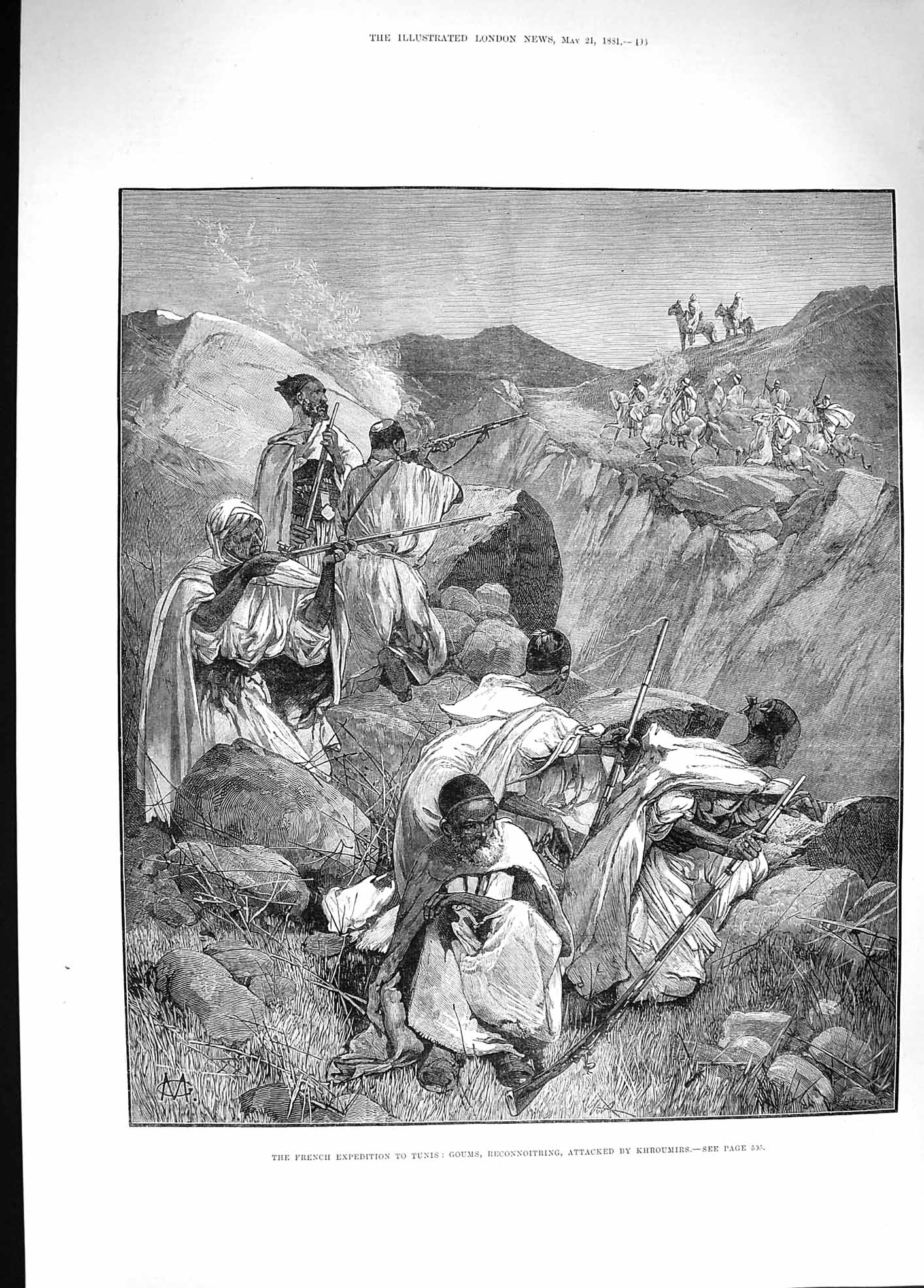 Original Old Antique Print 1881 Tunis Goums Reconnoitring Attacked Khroumirs