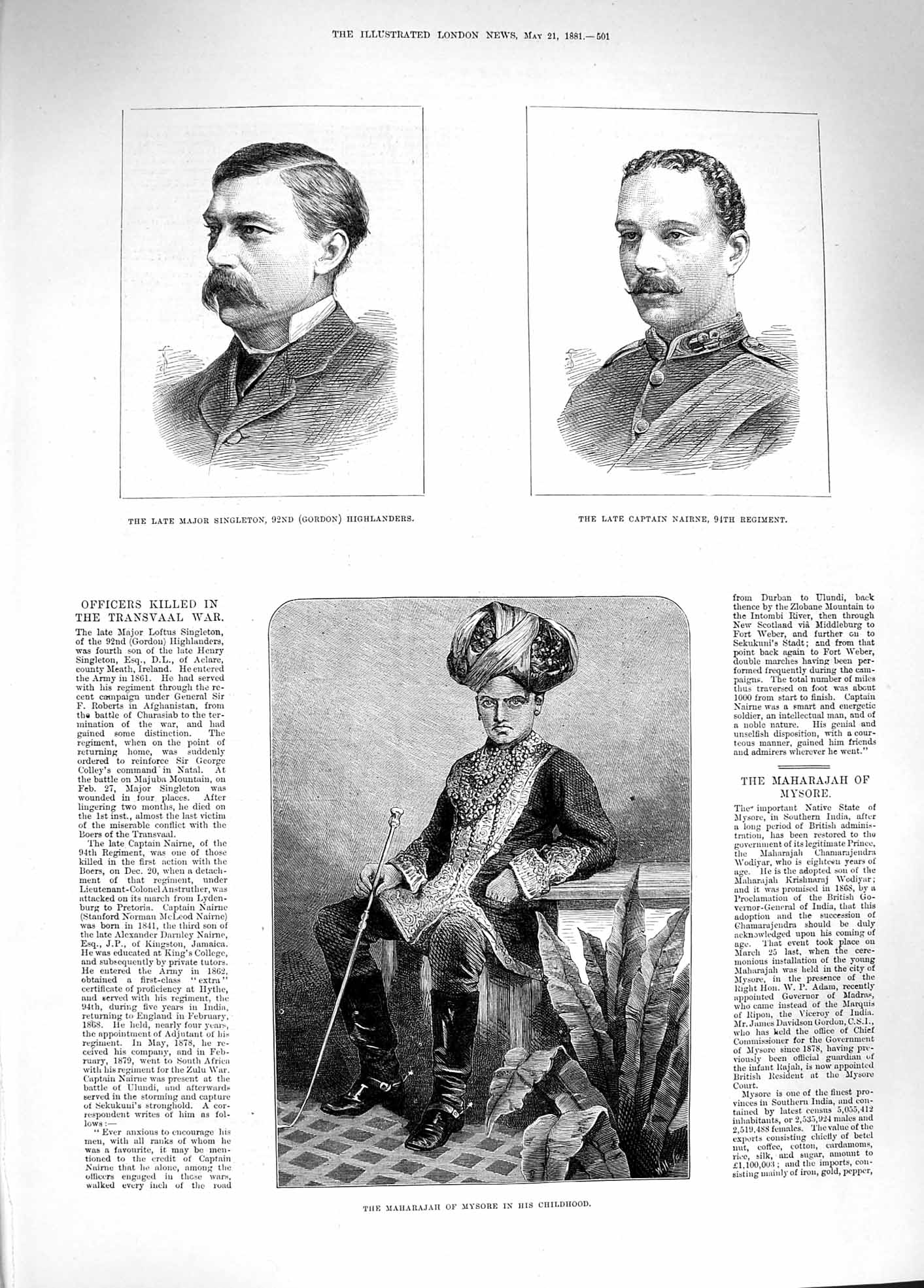 Original Old Antique Print 1881 Maharajah Mysore Major Singleton Captain 19th