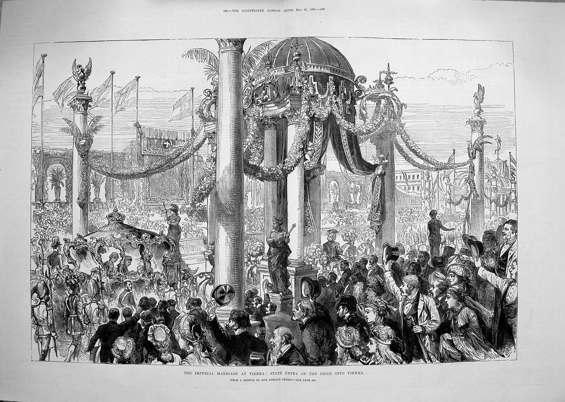 Original Old Antique Print 1881 Imperial Marriage Vienna Entry Royal Carriage