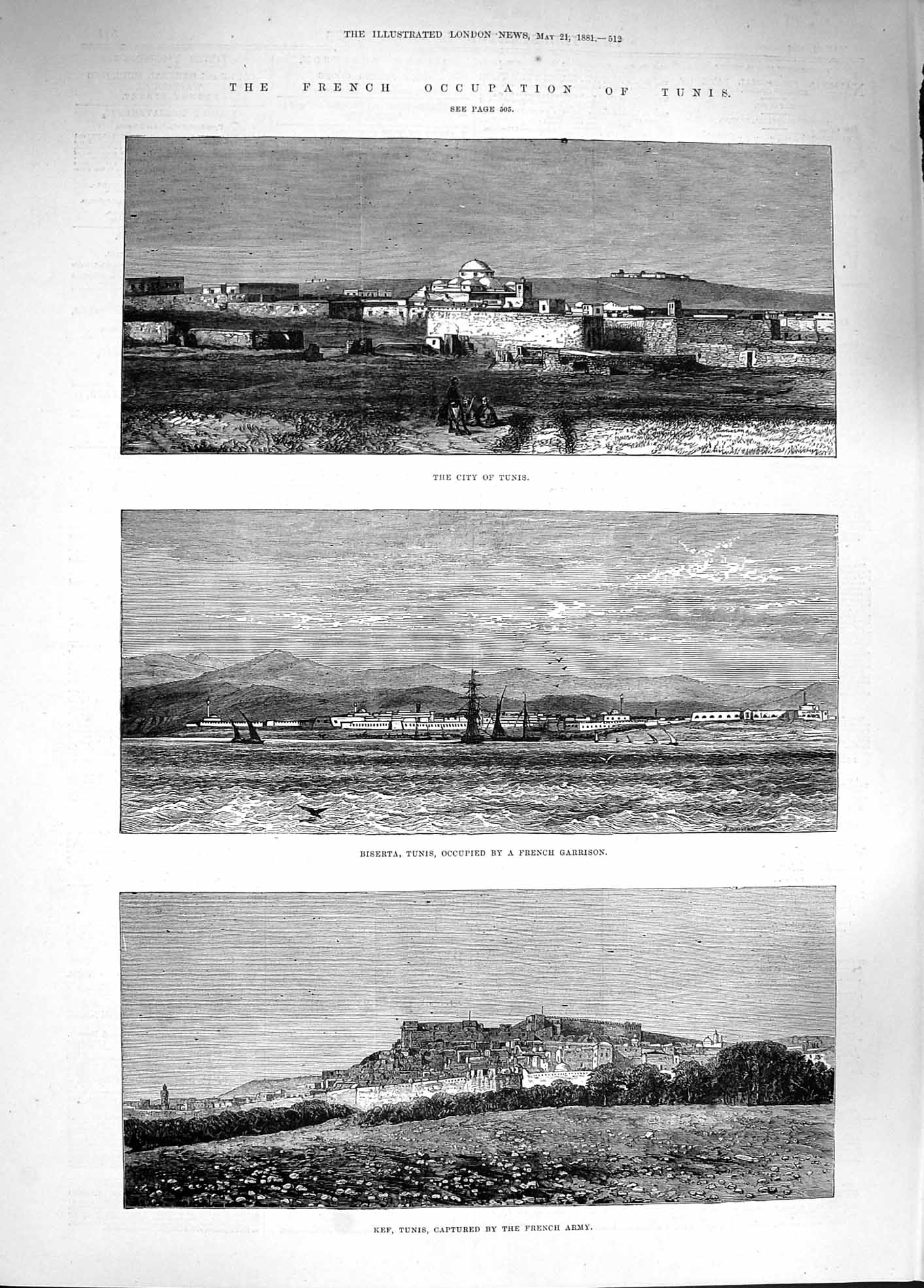 Original Old Antique Print 1881 Tunis Biserta Kef French Occupation Africa War