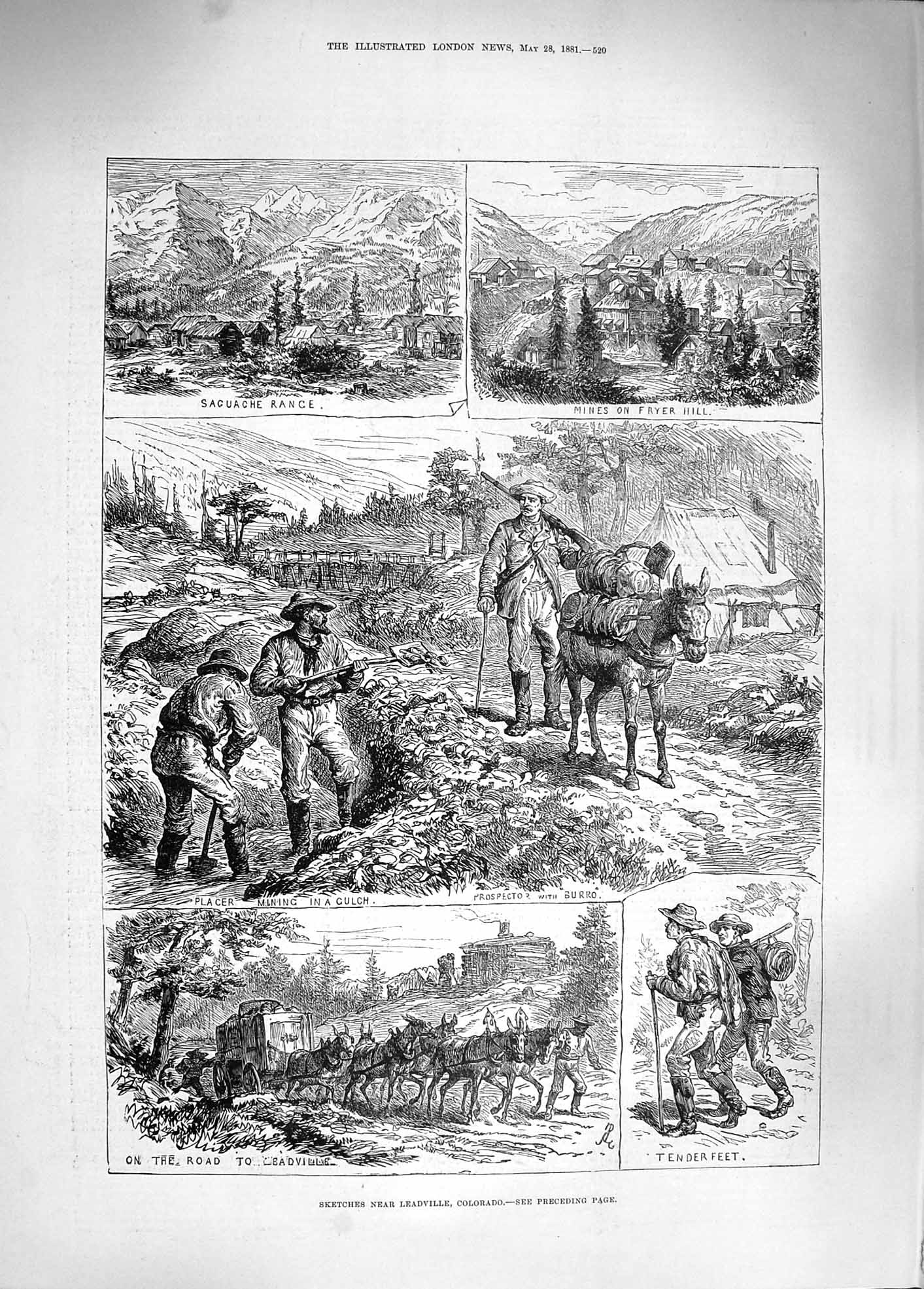 Old Antique Print 1881 Scene Leadville Colorado Mines Fryer Hill Mountain 19th