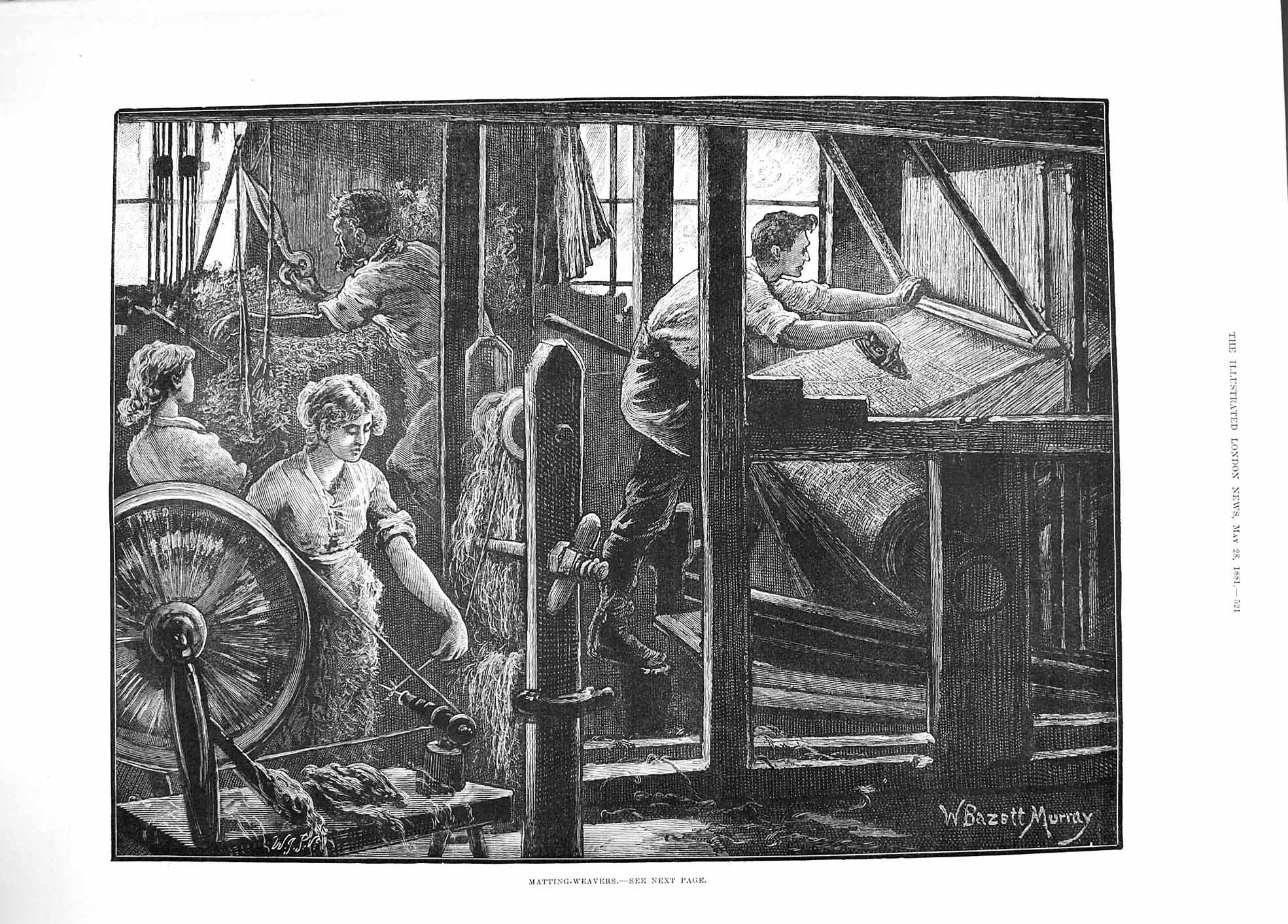 Old Antique Print 1881 Matting Weavers Spinning Wheel Industry Fine Art 19th