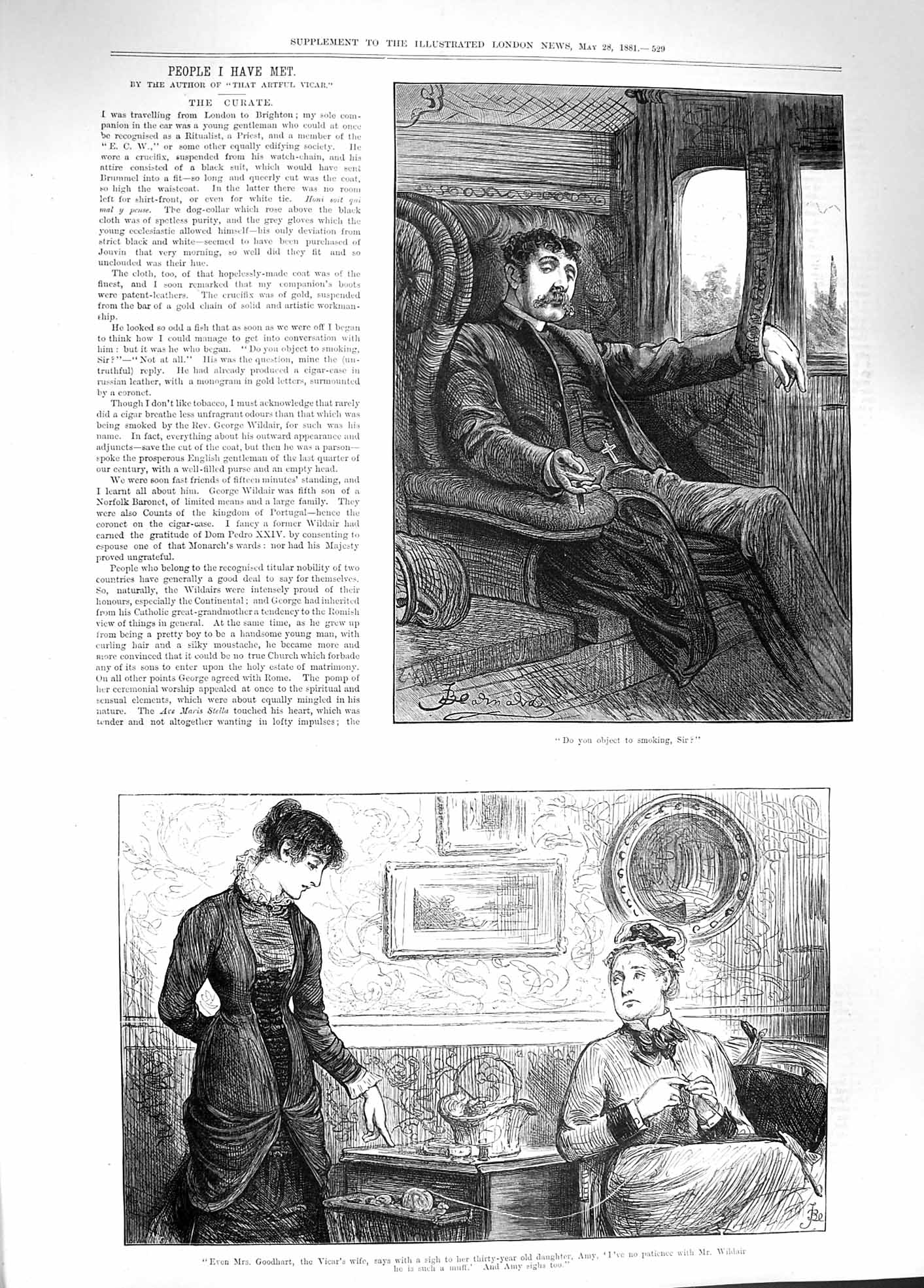 Original Old Antique Print 1881 Goodhart Vicars Wife Man Smoking Train Curate