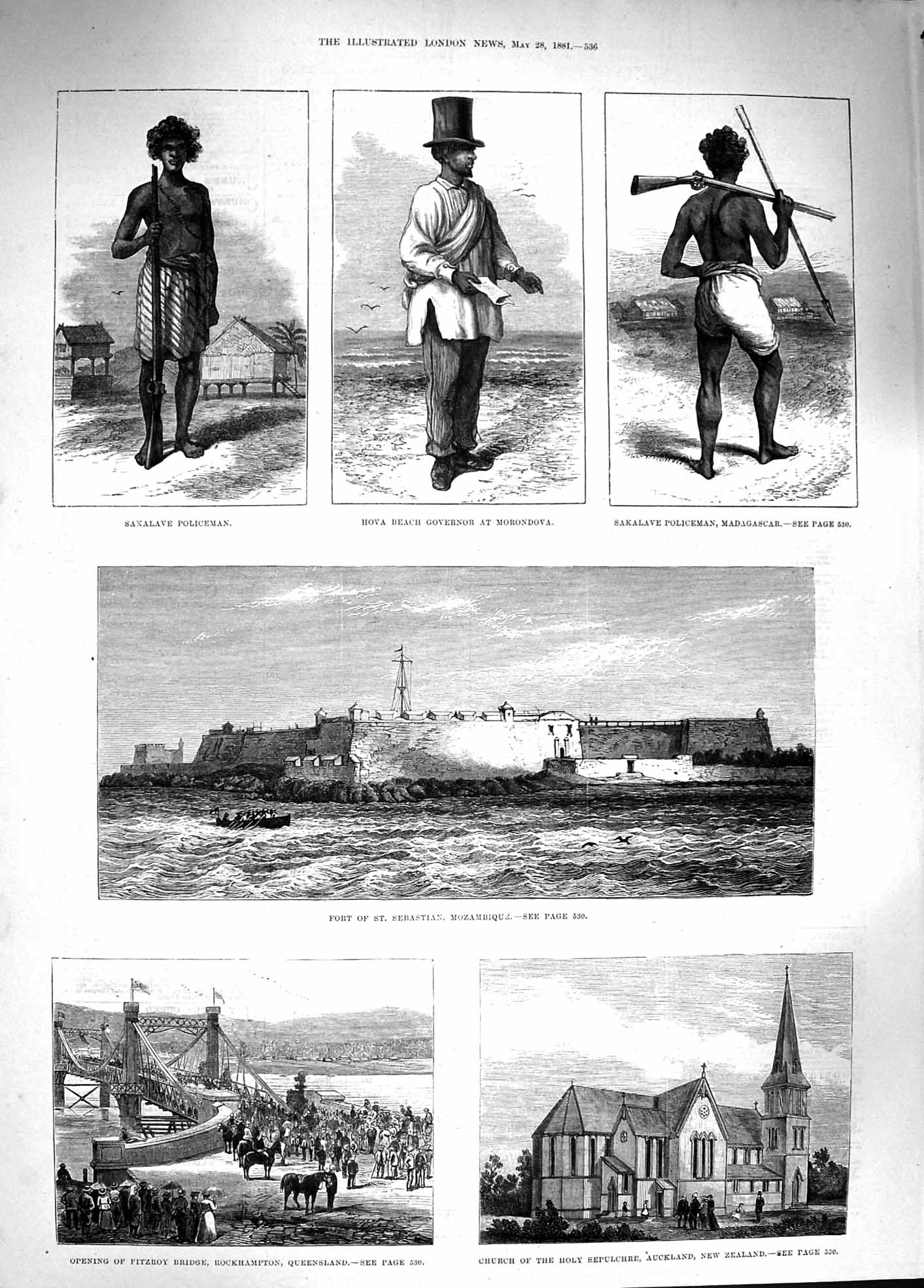 Original Old Antique Print 1881 Fort Sebastian Mozambique Policeman Madagascar