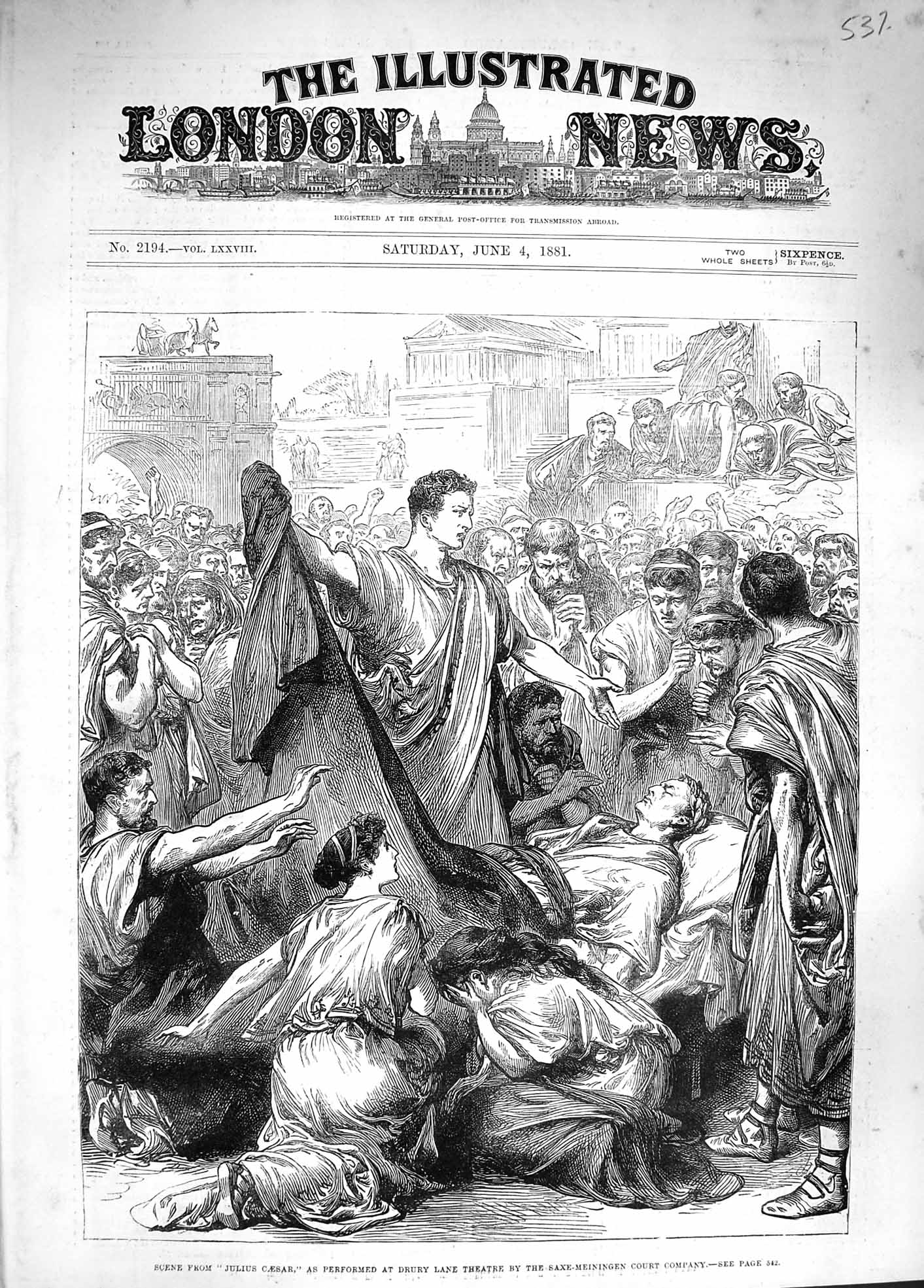 Antique Old Print *3351 1881 Julius Caesar Drury Lane Theatre Saxe-Meiningen