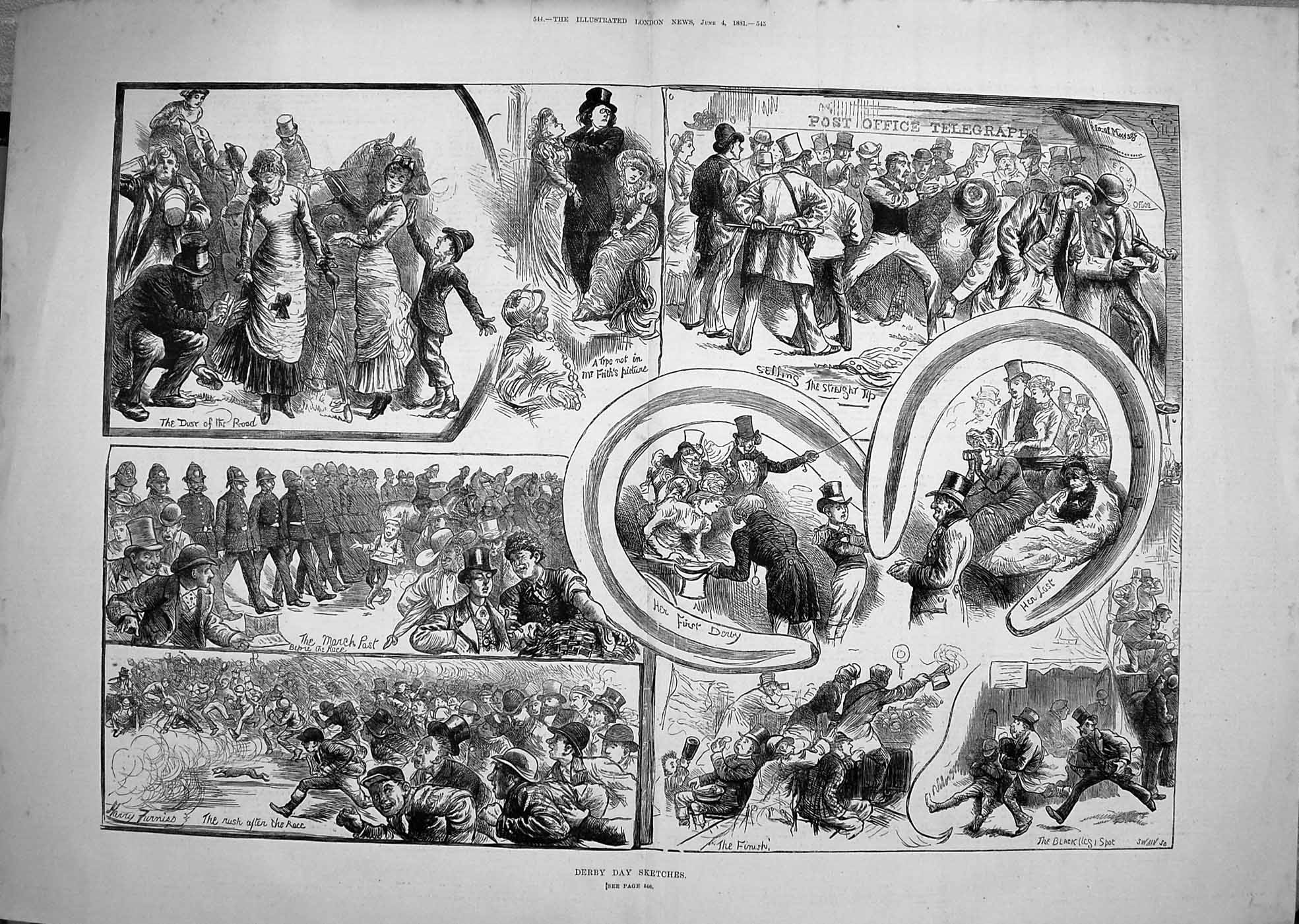 Antique Old Print 1881 Derby Day Scene Horse Racing Post Office Telegraph 19th