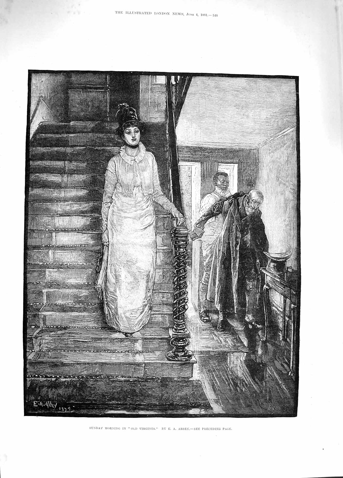 Old Antique Print 1881 Sunday Morning Scene Virginia Lady House Servant 19th
