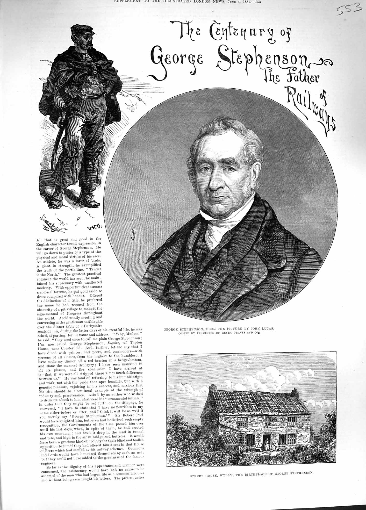 Original Old Antique Print 1881 George Stephenson Wylam Newburn Church Railway