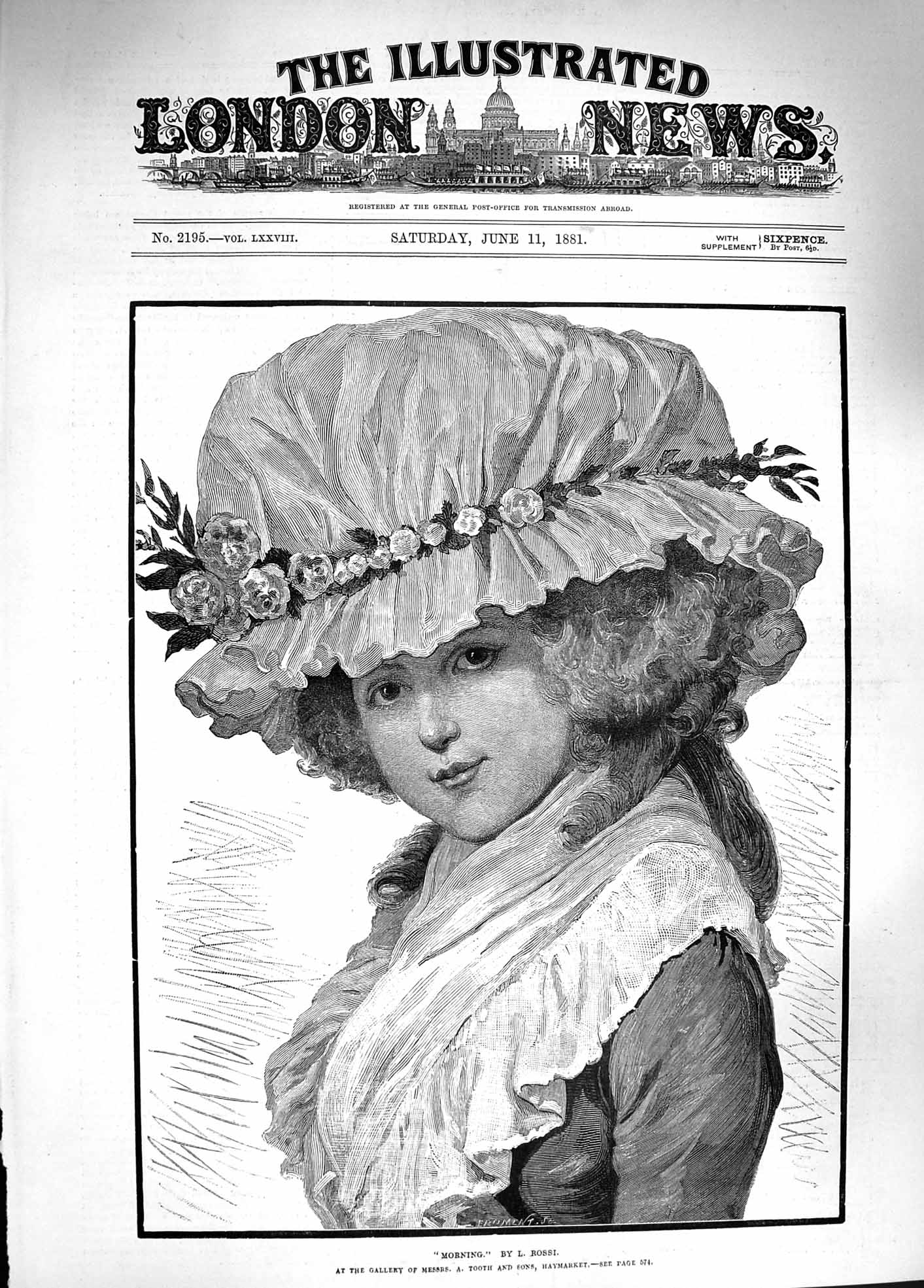 Original Old Antique Print 1881 Portrait Beautiful Girl Morning Bonnett 19th