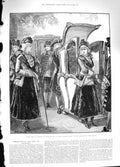 Original Old Antique Print 1881 Ladies Fashion Albert Hall Ye e English Fayre