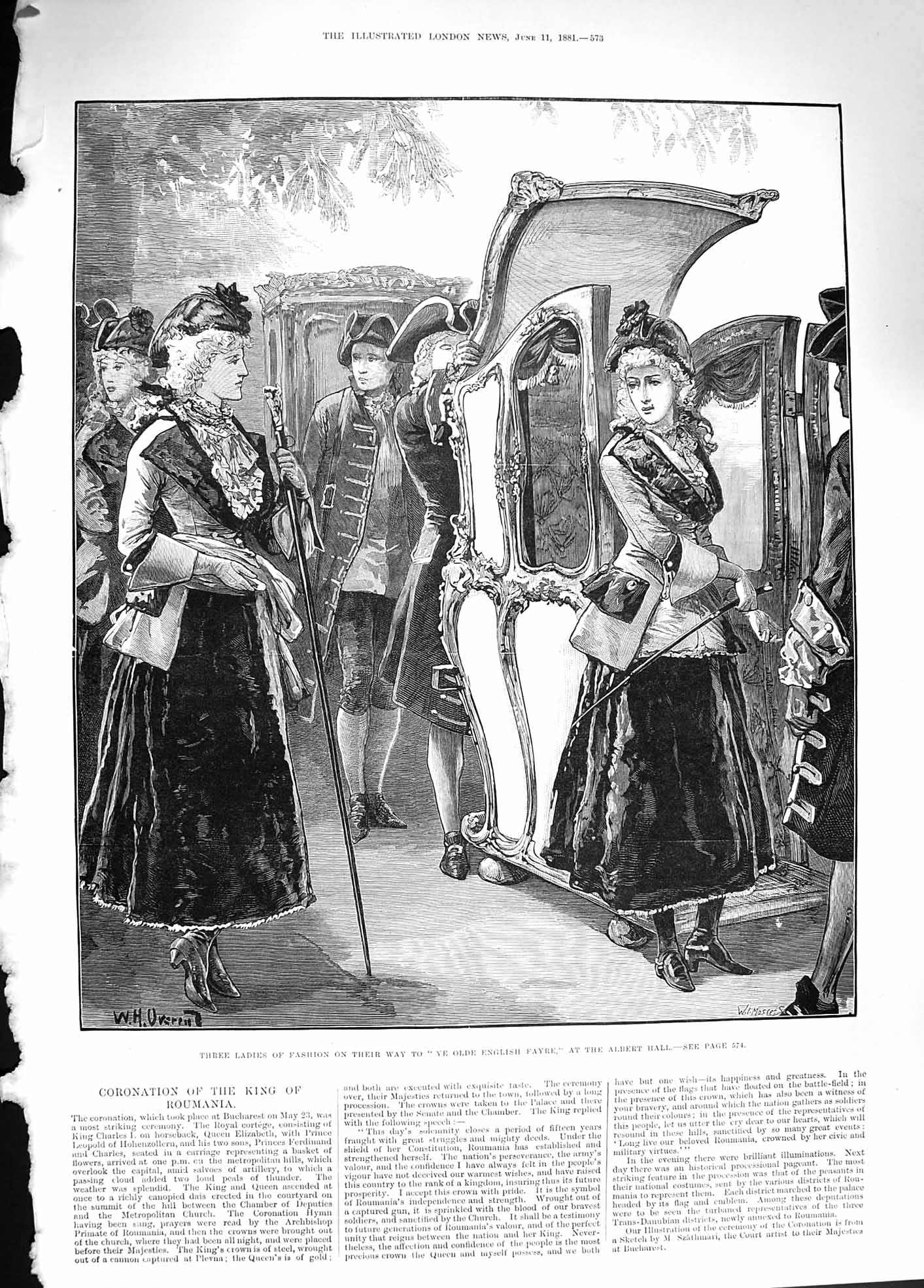 Original Old Antique Print 1881 Ladies Fashion Albert Hall Ye e English Fayre