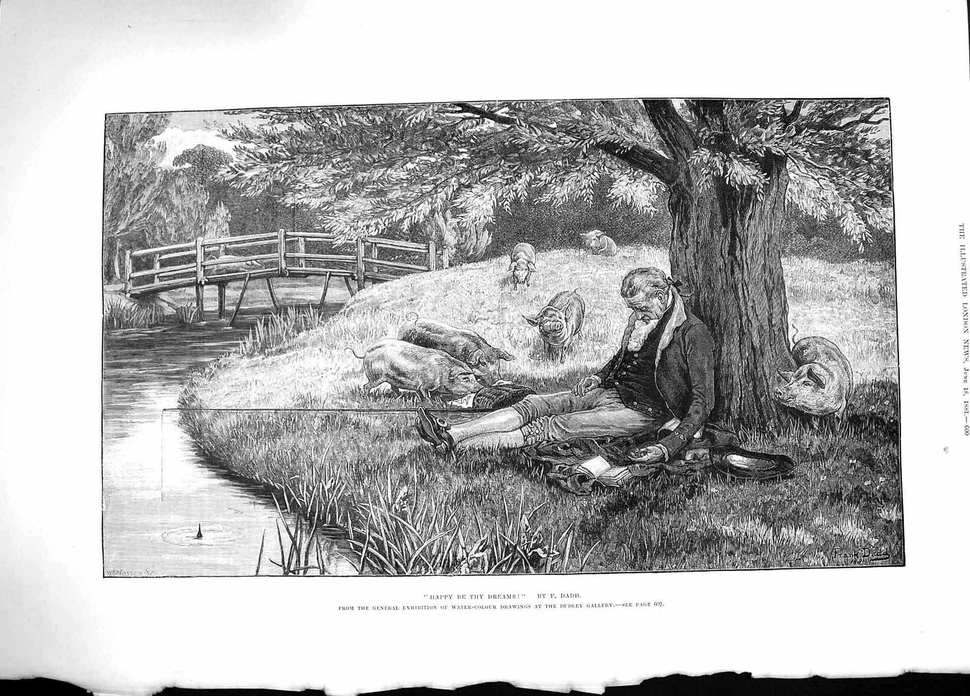 Old Antique Print 1881 Happy Be Thy Dreams Man Sleeping Pigs Food Basket 19th