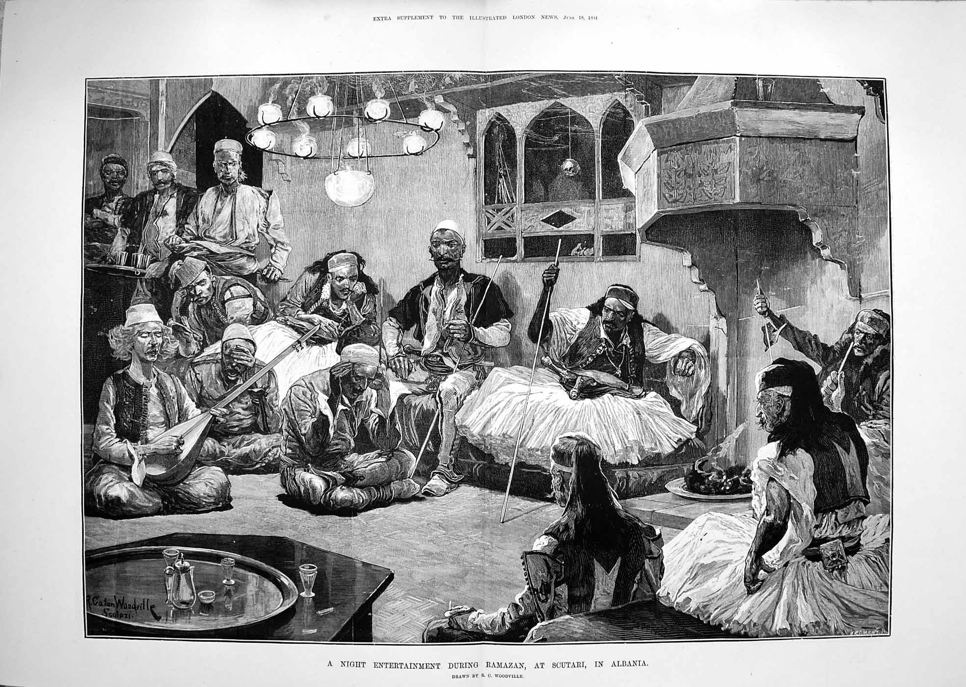 Original Old Antique Print 1881 Night Entertainment Ramazan Scutari Victorian