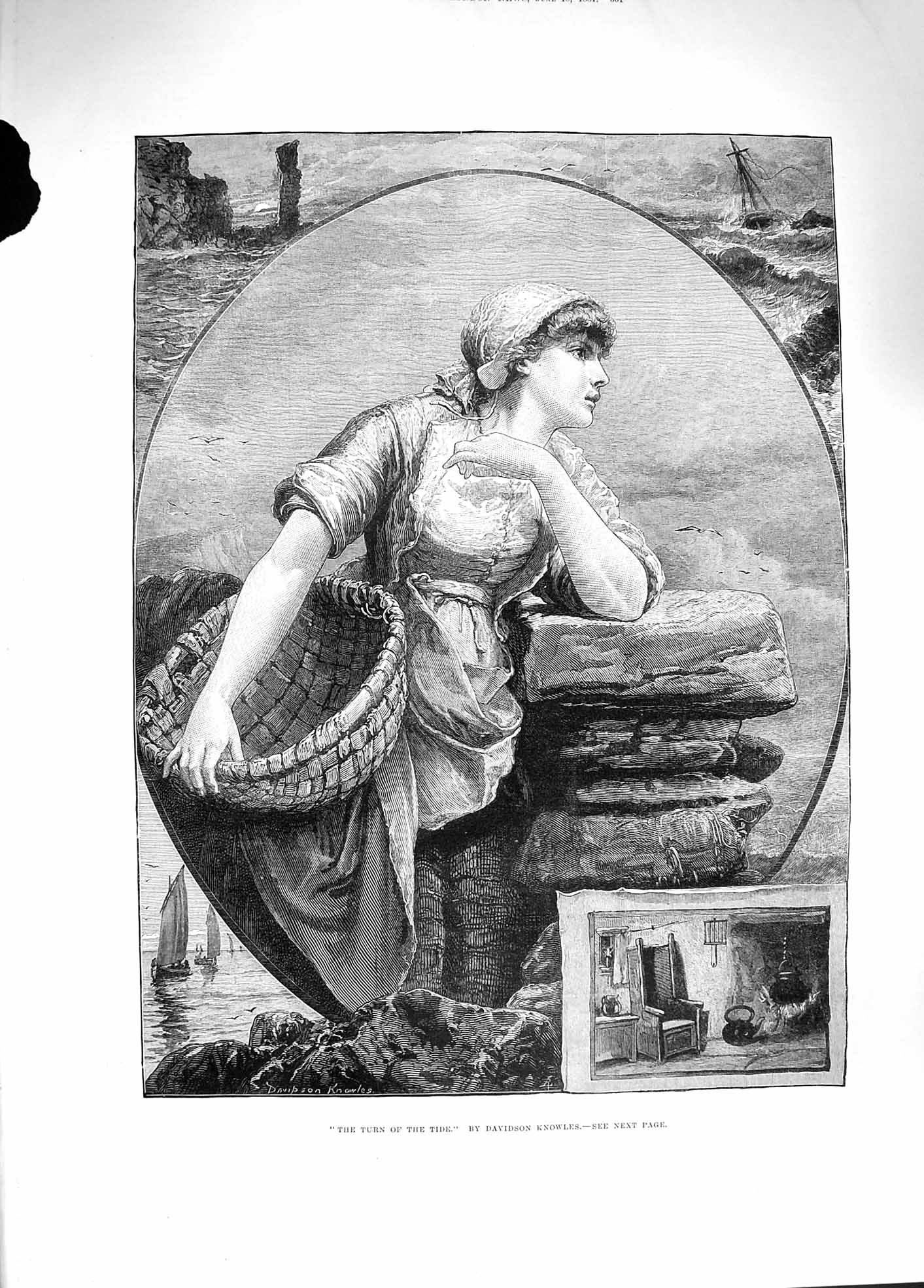 Original Old Antique Print 1881 Turn The Tide Young Woman Basket Knowles Art